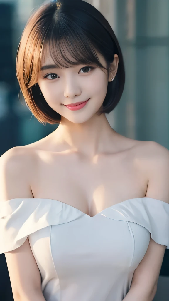 highest quality, Upper body photo, Delicate face, Cute Face, 20-year-old woman, Slim figure, Large Bust,Korean Beauty、Off-the-shoulder white nightgown、Please stand up straight、smile、Perfect Face、Perfect body line、Professional fashion model、New York night view、Blur the background、Short Hairstyles、((((Upper body photo))))