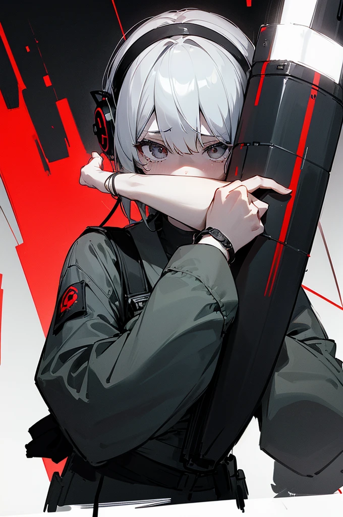 arm enterprise、Information Department、Observer、Non-combatant、Girl、、cute、Poor thing、weak々Shii、tears、introverted personality、Cowardice、be scared、sense of urgency、Modern weapons、Modern Arms、headphone、transceiver、Carrying communication equipment、Black theme、grayscale、Red accent color、High Contrast