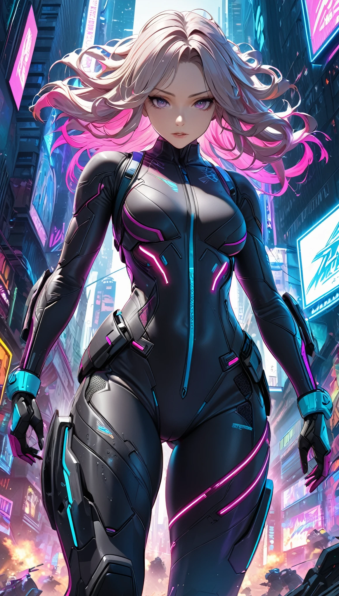 (masterpiece:1.3),(highest quality:1.4),(ultra detailed:1.5),High resolution,extremely detailed,unity 8k wallpaper,"A beautiful woman wearing a sleek, body-hugging combat suit in a cyberpunk setting. The suit is crafted from high-durability, lightweight materials, featuring an ergonomic design with vibrant neon lines and patterns in white and pink, tracing the contours of her athletic physique. The suit includes reinforced joints and embedded sensors, seamlessly integrated into the fabric. She has no helmet, revealing her striking features and intense expression, with long, flowing hair styled in a modern cut. The scene is set in a chaotic urban battlefield, illuminated by a cacophony of neon lights and holographic advertisements. The background features towering skyscrapers and flying vehicles, with vibrant, colorful lights reflecting off the wet surfaces. In the midst of combat, explosions and energy blasts create dynamic lighting effects, casting dramatic shadows and highlighting the action-packed atmosphere."