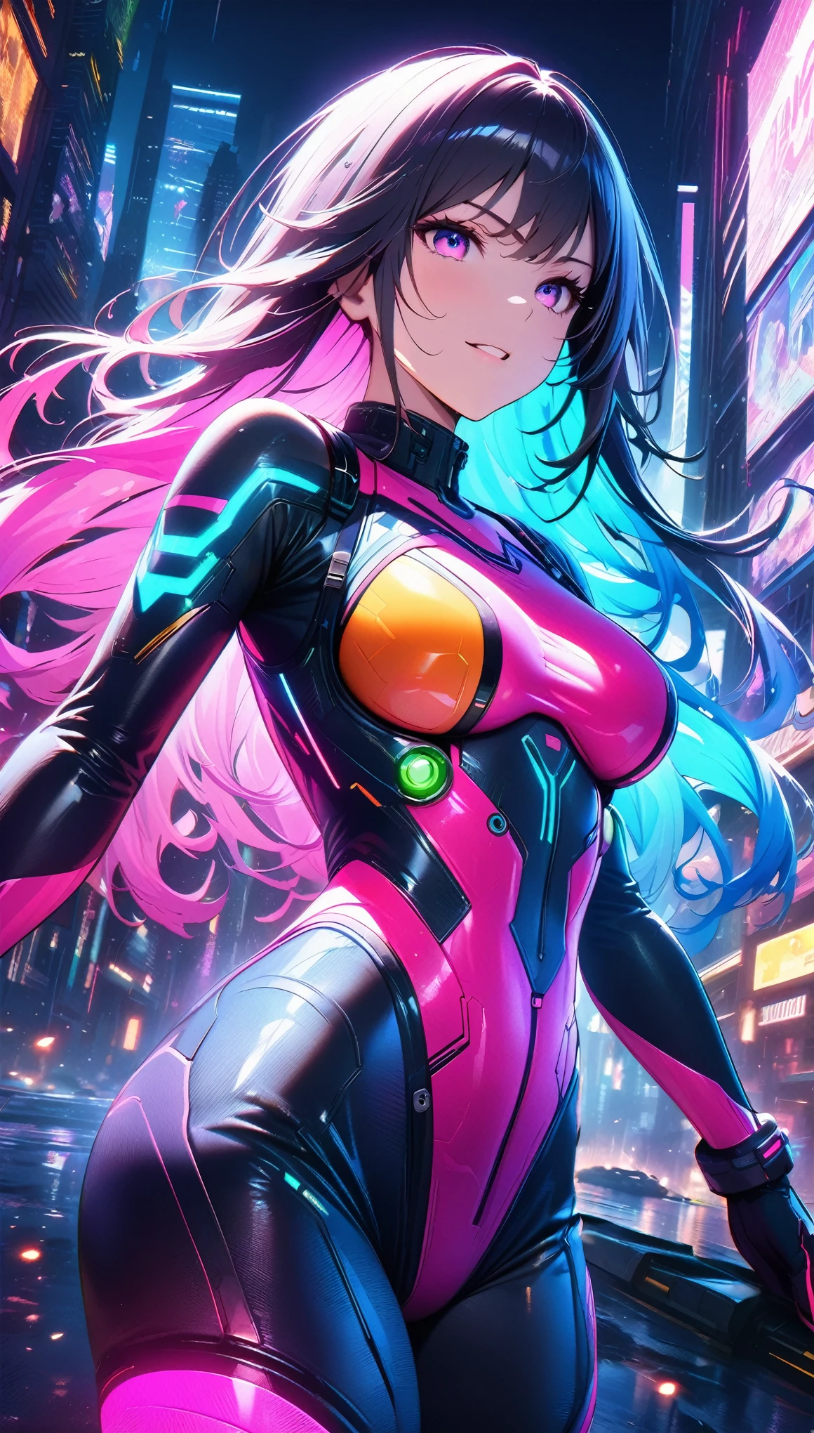(masterpiece:1.3),(highest quality:1.4),(ultra detailed:1.5),High resolution,extremely detailed,unity 8k wallpaper,"A beautiful woman wearing a sleek, body-hugging combat suit in a cyberpunk setting. The suit is crafted from high-durability, lightweight materials, featuring an ergonomic design with vibrant neon lines and patterns in white and pink, tracing the contours of her athletic physique. The suit includes reinforced joints and embedded sensors, seamlessly integrated into the fabric. She has no helmet, revealing her striking features and intense expression, with long, flowing hair styled in a modern cut. The scene is set in a chaotic urban battlefield, illuminated by a cacophony of neon lights and holographic advertisements. The background features towering skyscrapers and flying vehicles, with vibrant, colorful lights reflecting off the wet surfaces. In the midst of combat, explosions and energy blasts create dynamic lighting effects, casting dramatic shadows and highlighting the action-packed atmosphere."