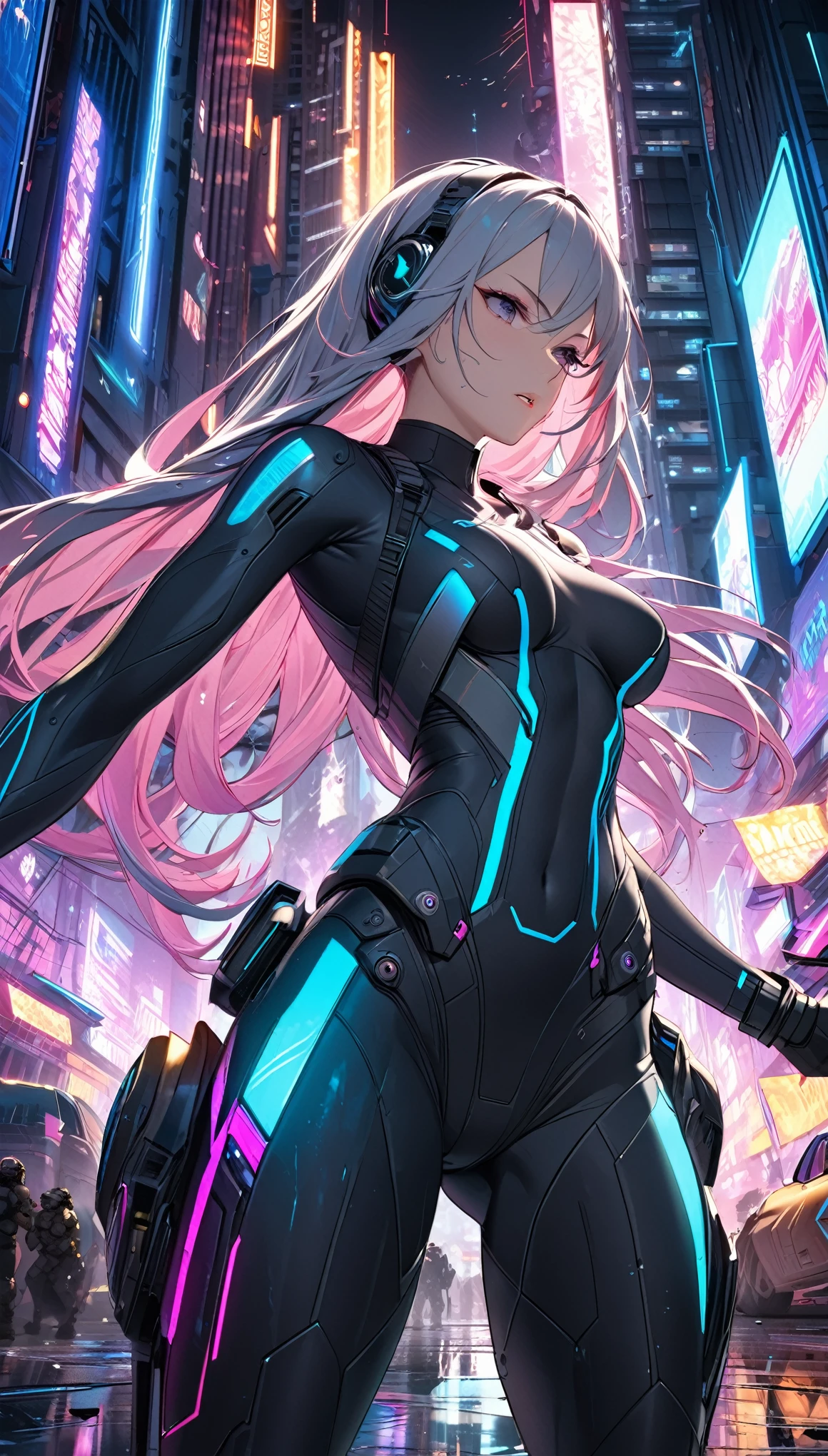 (masterpiece:1.3),(highest quality:1.4),(ultra detailed:1.5),High resolution,extremely detailed,unity 8k wallpaper,"A beautiful woman wearing a sleek, body-hugging combat suit in a cyberpunk setting. The suit is crafted from high-durability, lightweight materials, featuring an ergonomic design with vibrant neon lines and patterns in white and pink, tracing the contours of her athletic physique. The suit includes reinforced joints and embedded sensors, seamlessly integrated into the fabric. She has no helmet, revealing her striking features and intense expression, with long, flowing hair styled in a modern cut. The scene is set in a chaotic urban battlefield, illuminated by a cacophony of neon lights and holographic advertisements. The background features towering skyscrapers and flying vehicles, with vibrant, colorful lights reflecting off the wet surfaces. In the midst of combat, explosions and energy blasts create dynamic lighting effects, casting dramatic shadows and highlighting the action-packed atmosphere.",Dynamic Pose,View from the side