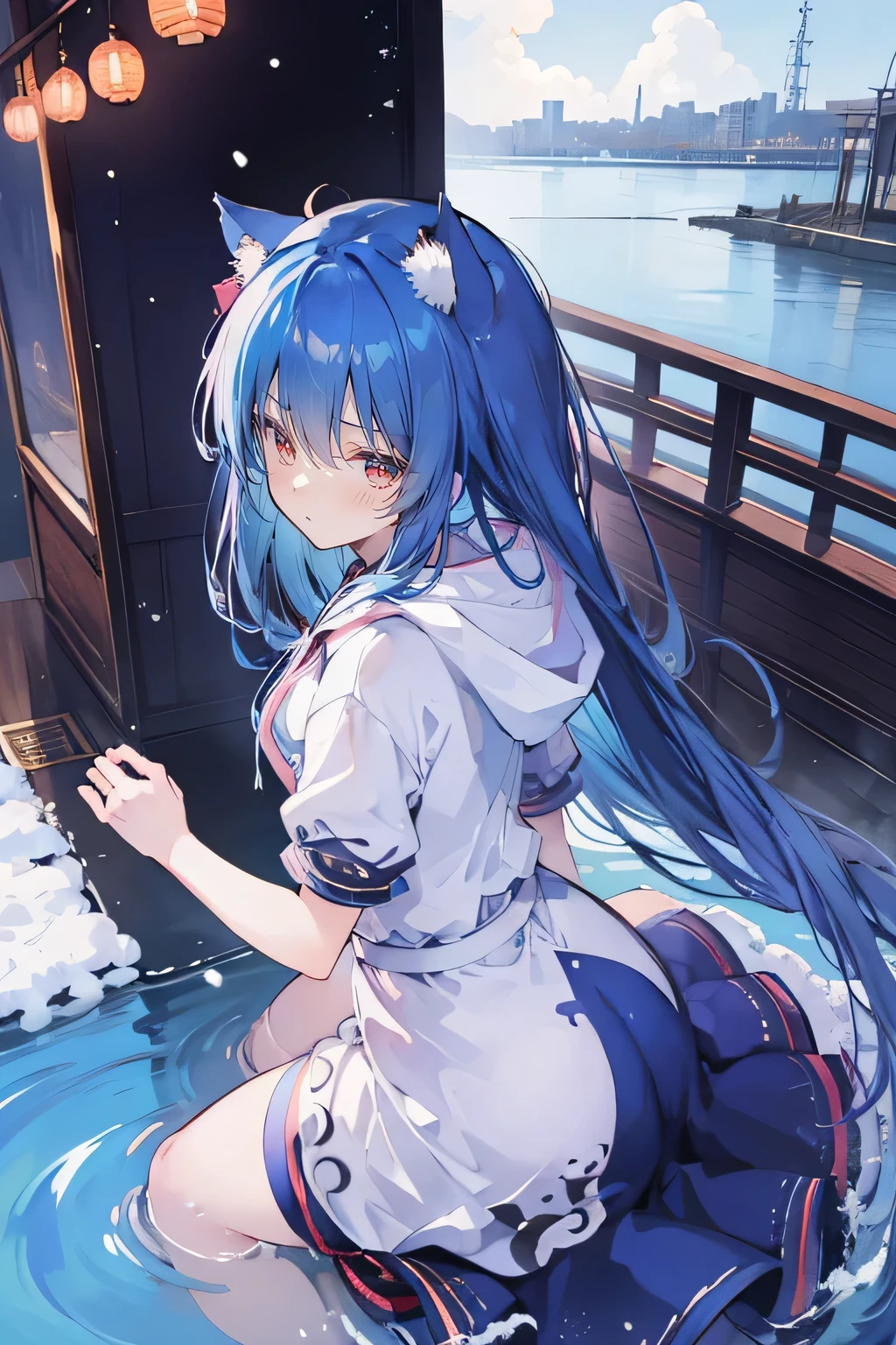 （masterpiece：1.2），Super detailed，lifelike，Expressive eyes，fair skin，perfect face shape，1 girl，
Japanese comics,Gorgeous blue hair,flowing blue hair,flowing clothes,Cat ears,Petals fall,beautiful lola,Baby Angel,
Shaking head with one hand，Cross your legs，Gentle and peaceful background，The pavilion is cool and comfortable,smile, wearing hoodie, background of tokyo,back views,snowing, winter,lie on the water.