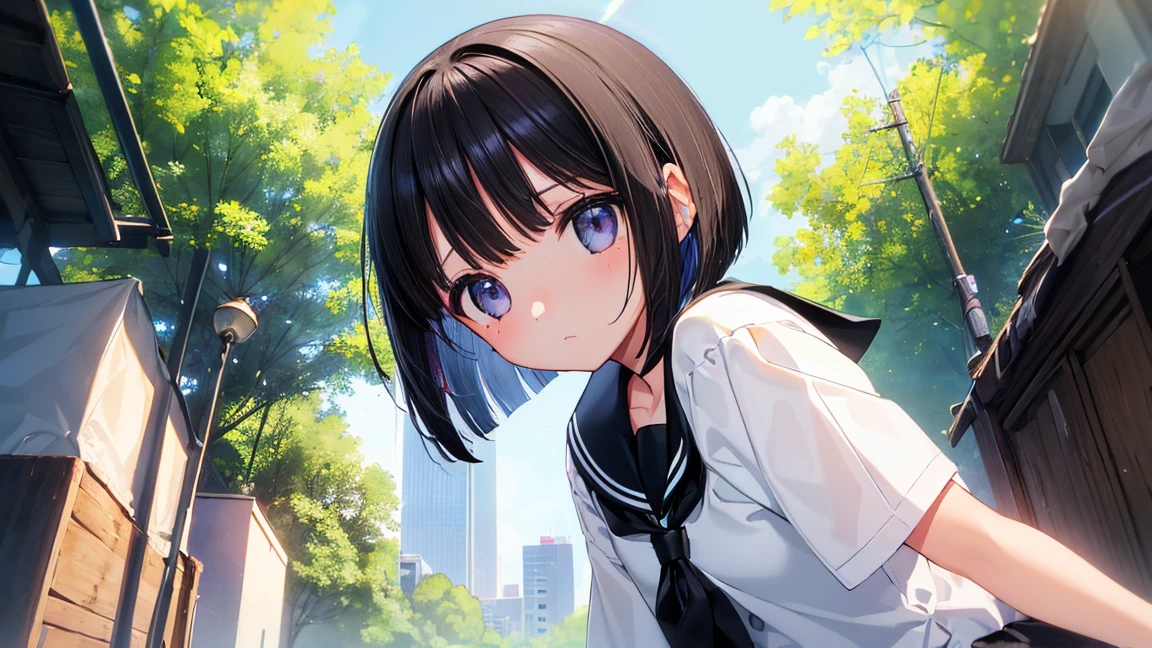 Absurd, High resolution, ((Tabletop)), And soul、((highest quality)),(Lens flare)、 (Super detailed), (beautiful), ((pretty girl)), solo,beautiful face、White skin、masterpiece,(10 years old:1.3)、(Cute black hair bob cut:1.2)、(One girl in cute sailor suit、Stand in the dark back alleys of the detailed city、avert your eyes、Are standing、Embarrassing、Blushing、Shut your mouth.)、(A girl is peeing:1.1)、Esbian all over、Low angle,(From a low position、From below)
