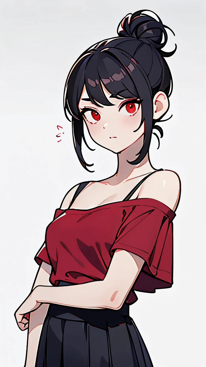 (Girl1,triangle face,red eyes),(black hair,messy bun hairstyle),(red t-shirt off-the-shoulder neckline,mini skirt),standing,white wallpaper,Highly detailed ,8K wallpapers،Highest quality, high resolution, beautiful lighting, detailed shadow,high resolution،highly detailed,detailed faces and eyes,realistic eyes