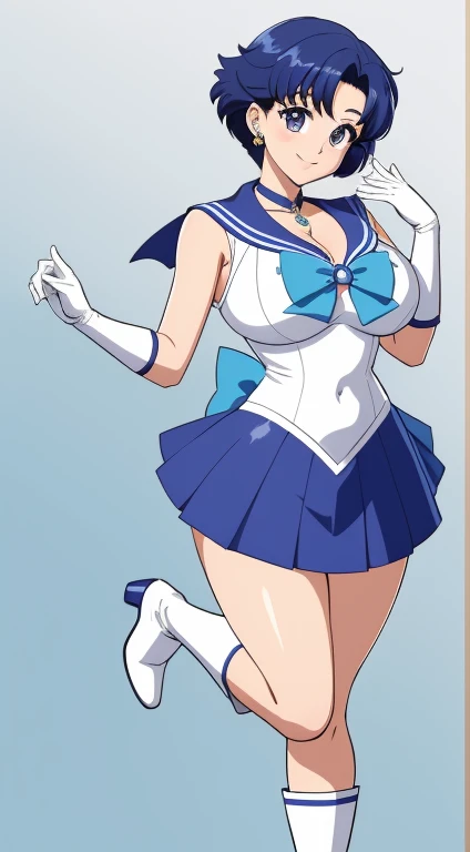 Top quality、masterpiece、rexisting:of、Sailor Suit、Anime Girl、Which is Mizuno?、Sailor Mercury、独自of、Blue sailor collar、Sky 藍色of bow tie、skirt、Magic Boy、蓝眼睛of女孩 ( (((Large Breasts、Breast sagging、Low-cut,Cleavage ,Wide hips,)))((Long legs)),Hourglass figure)))、a 藍色of skirt、bow、Jewelry、白色of glove、elbowgloves、Very short 藍色of-haired boy、White tights、high leg jumpsuit、White dress、ear nipple ring、ring、Blue knee-length boots、blue high heel boots、Blue necklace、Smile、a miniskirt、pleexistedskirt、Boy Station、Watching_exist_Viewer、retreat_bow、藍色of_bow、sky 藍色of_bow、白色of_bow、slope_retreatground、close_Mouth、裸露of肩膀、Bare Legs、(1990s\(style\):0.9)