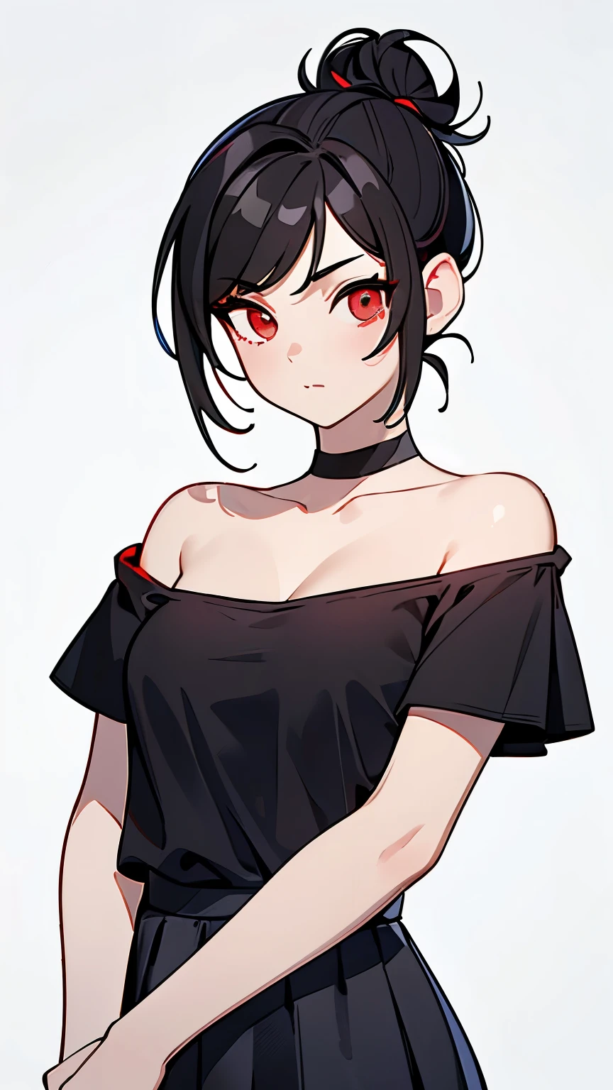 (Girl1,triangle face,red eyes),(black hair,messy bun hairstyle),(red t-shirt off-the-shoulder neckline,mini skirt),standing,white wallpaper,Highly detailed ,8K wallpapers،Highest quality, high resolution, beautiful lighting, detailed shadow,high resolution،highly detailed,detailed faces and eyes,realistic eyes