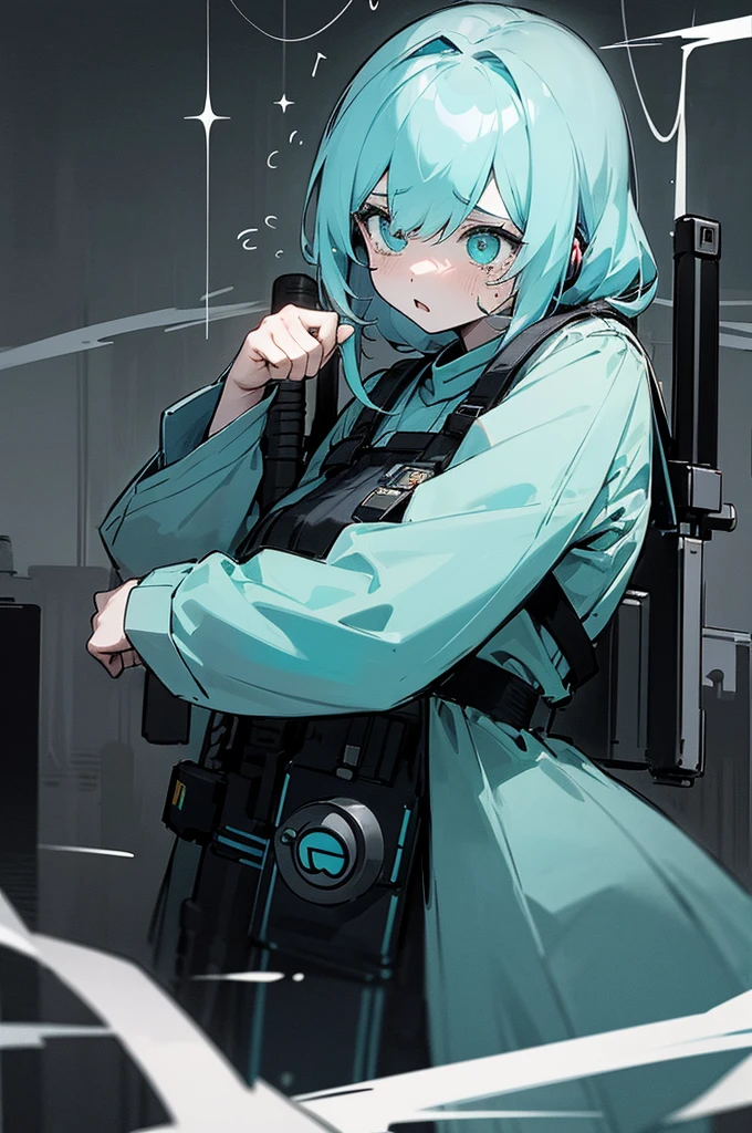 arm enterprise、Information Department、Observer、Non-combatant、Girl、、cute、Poor thing、weak々Shii、tears、introverted personality、Cowardice、be scared、sense of urgency、Modern weapons、Modern Arms、headphone、transceiver、Carrying communication equipment、Black theme、grayscale、Accent color: cyan、High Contrast