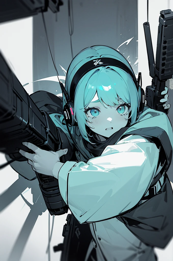 arm enterprise、Information Department、Observer、Non-combatant、Girl、、cute、Poor thing、weak々Shii、tears、introverted personality、Cowardice、be scared、sense of urgency、Modern weapons、Modern Arms、headphone、transceiver、Carrying communication equipment、Black theme、grayscale、Accent color: cyan、High Contrast
