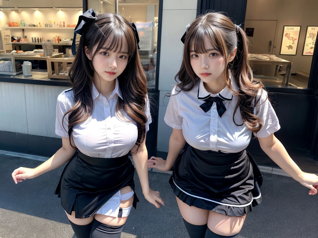 master piece, best quality, illustration, Super detailed, fine details, High resolution, 8K,wall paper, perfect dynamic composition,(Details High quality, realistic depiction of eyes:1.3), (2girls), standing, short hair, (wavy hair:1.2), (short sleeve collared dress shirt,tight skirt,thighhighs,zettai ryouiki:1.4), black hair color, Big Natural Color Lip, bold sexy pose, crying a little, Harajuku style、acrobatic pose, 20 year old girl、cute type、lolita、beautiful legs, gravure idol, Japanese idol, huge breasts, expresses the roundness and softness of your chest