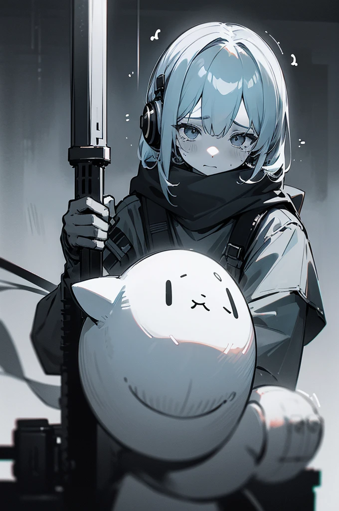 arm enterprise、Information Department、Observer、Non-combatant、Girl、、cute、Poor thing、weak々Shii、tears、introverted personality、Cowardice、be scared、sense of urgency、Modern weapons、Modern Arms、headphone、transceiver、Carrying communication equipment、Black theme、grayscale、Blue accent color、High Contrast