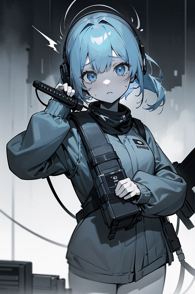 arm enterprise、Information Department、Observer、Non-combatant、Girl、、cute、Poor thing、weak々Shii、tears、introverted personality、Cowardice、be scared、sense of urgency、Modern weapons、Modern Arms、headphone、transceiver、Carrying communication equipment、Black theme、grayscale、Blue accent color、High Contrast