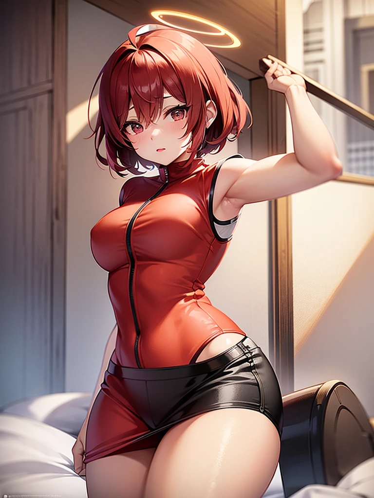 Create an anime illustration of an adorable 109cm-tall girl with black eyes, short bright-red hair, and a red-and-white sexy tech-wear, adorned with a delicate halo above her head