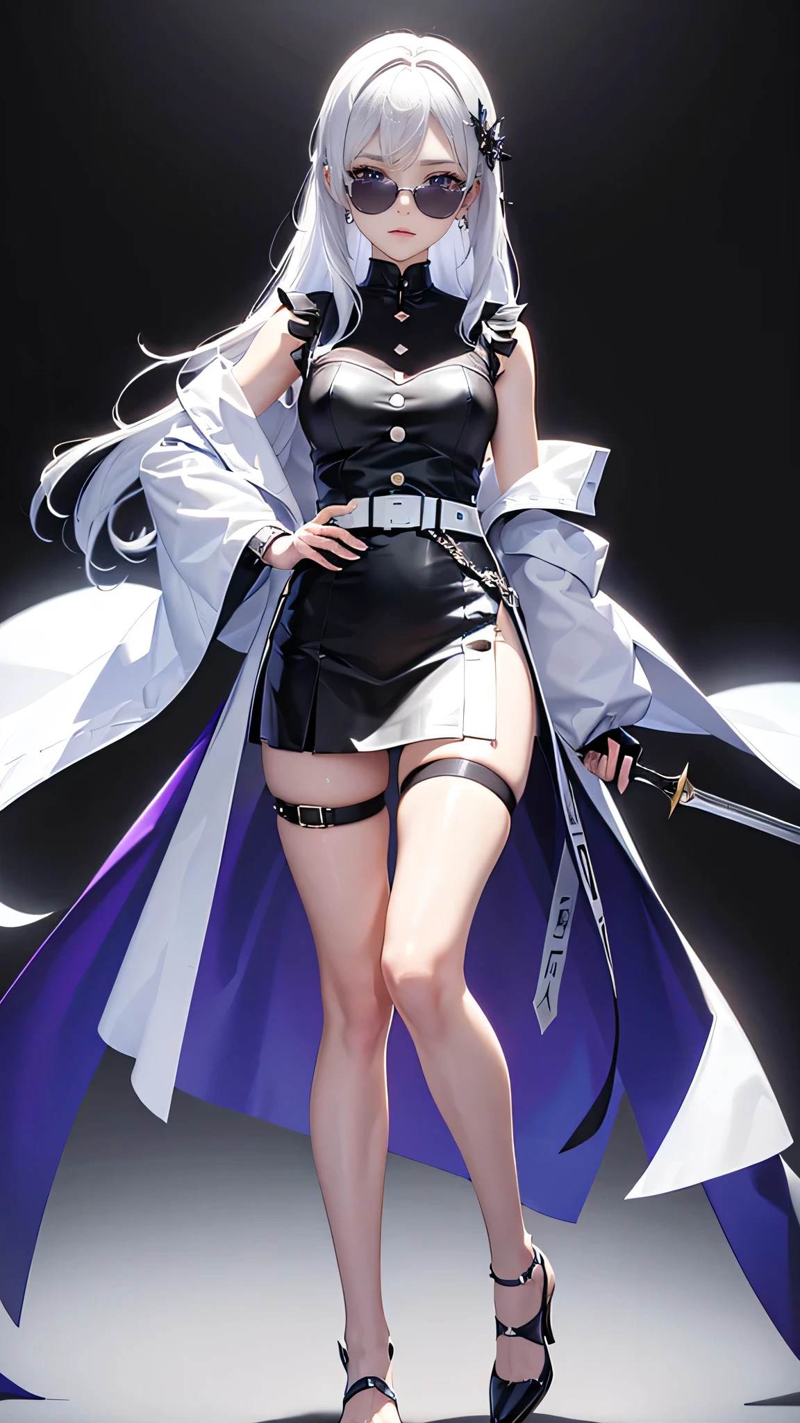 long whitr hair，Bigboobs，plumw，Long sword，see-through raincoat，black lence stockings，high-heels