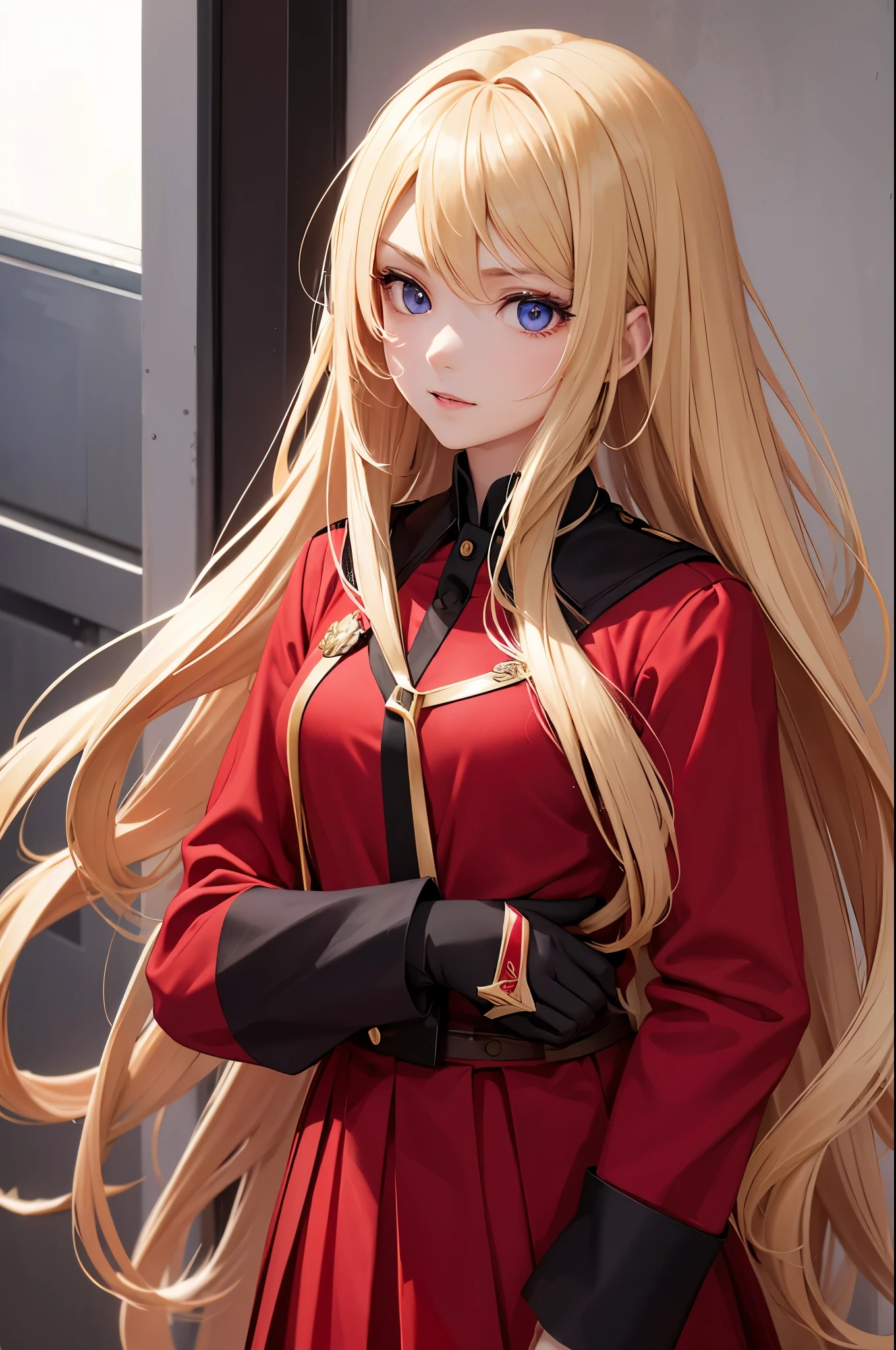 young woman with long blonde hair, vibrant purpur eyes, wearing red and black student uniform with sharp edges, fantasy, stern face