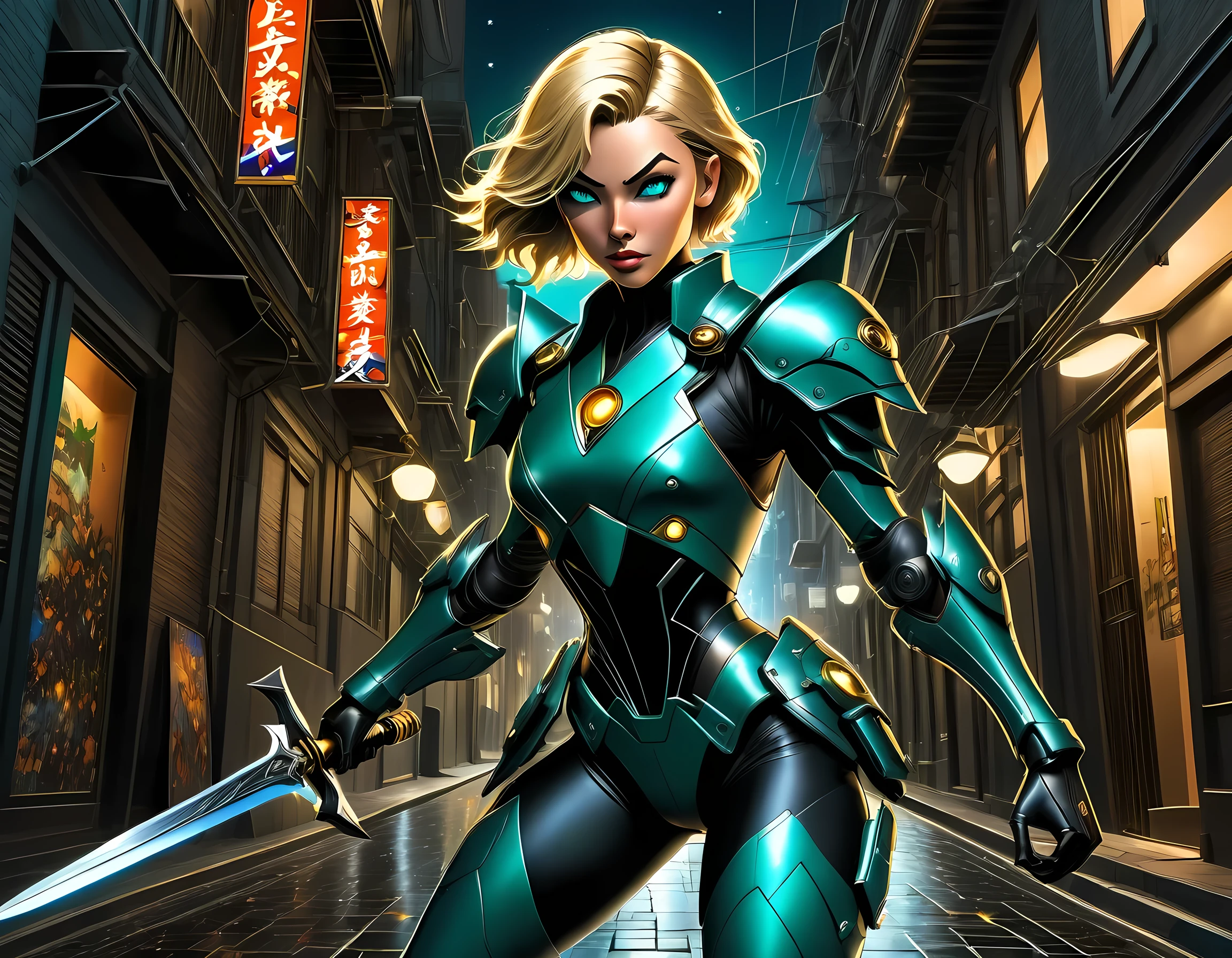 high details, best quality, 16k, [ultra detailed], masterpiece, best quality, (extremely detailed), full body, ultra wide shot, photorealistic, a picture of a woman assassin ready to combat in a dark alley, she holds a sword in hand, exquisite beautiful woman, she has pixie cut blond hair, emerald green eyes, she wears a (blue: 1.3) tight leather suit, the suit has mecha gadgets, dynamic color suit, she kneels in fantasy dark street of fantasy setting city, its night time, the moon is high in the sky, many stars in the night, high details, best quality, highres, ultra wide angle, DonMN1gh7XL, cybrk