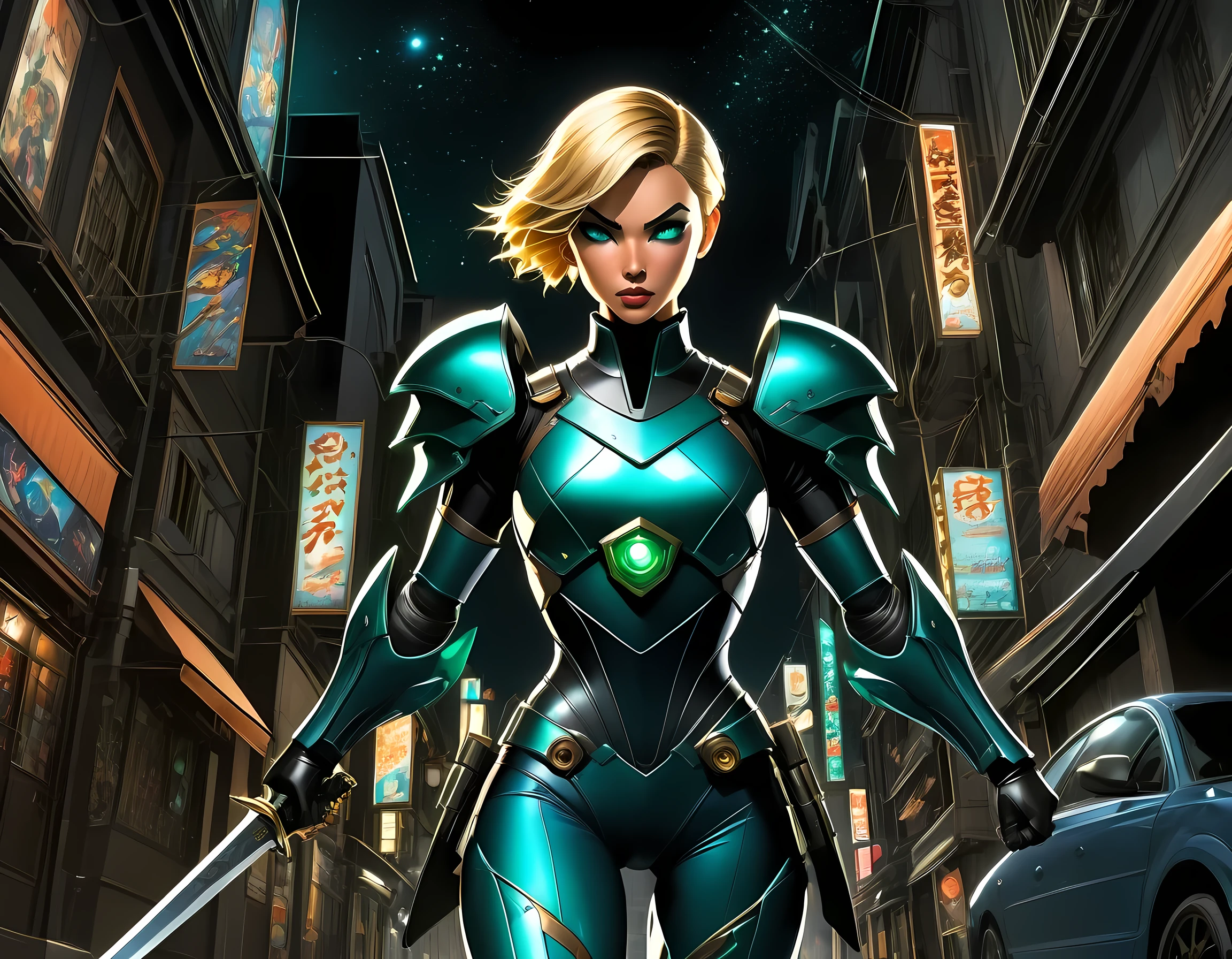 high details, best quality, 16k, [ultra detailed], masterpiece, best quality, (extremely detailed), full body, ultra wide shot, photorealistic, a picture of a woman assassin ready to combat in a dark alley, she holds a sword in hand, exquisite beautiful woman, she has pixie cut blond hair, emerald green eyes, she wears a (blue: 1.3) tight leather suit, the suit has mecha gadgets, dynamic color suit, she kneels in fantasy dark street of fantasy setting city, its night time, the moon is high in the sky, many stars in the night, high details, best quality, highres, ultra wide angle, DonMN1gh7XL, cybrk