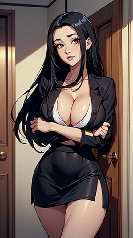 1 female(Solitary, Landlady, Korean/American, Asian facial features, 33 years old, Prominent cheekbones, Oval face, Full lips, Black Hair, long hair, Straight Hair, Layered Hair, Large target ( (((Large Breasts、Breast sagging、Low-cut,Cleavage ,Wide hips,)))((Long legs)),Hourglass figure))), slim, High, Long legs, black jacket, White shirt, Black skirt, Short skirt, Loafers, beautiful, Mature, elegant, ) Standing in the doorway of a modern apartment,Arms Crossece full of joy and domineering, beautiful, best quality, Maximum details, masterpiece, Japanese cartoons, endless, Very powerful energy, Lust energy