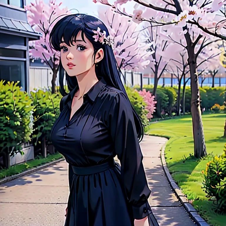 from Diagonally forward , cowboy  shot ,standing, looking up, in cherry blossom trees street, walking in flower storm, 
BREAK
 (masterpiece, best quality:1.2), collarbone, 
long hair,  bangs, darkblue eyes, darkblue hair, 1 girl, 34yo, mature female,Beautiful Finger,Beautiful long legs,Beautiful body,Beautiful Nose,Beautiful character design, perfect eyes, perfect face,expressive eyes,perfect balance,Close-up of buttocks, 
looking at viewer, (innocent_big_eyes:1.0),official art,extremely detailed CG unity 8k wallpaper, perfect lighting,Colorful,shiny skin, 
ultra high res,4K,ultra-detailed,
photography, 8K, HDR, highres, absurdres:1.2, Kodak portra 400, film grain, blurry background, bokeh:1.2, lens flare, (vibrant_color:1.2),professional photograph
BREAK
(huge Breasts), (beautiful_face),(narrow_waist), ( huge butt),  french braid, 
, makeup, sad, black formal dress, See-through long sleeve lace collarless, black, long skirt,Pearl Necklace