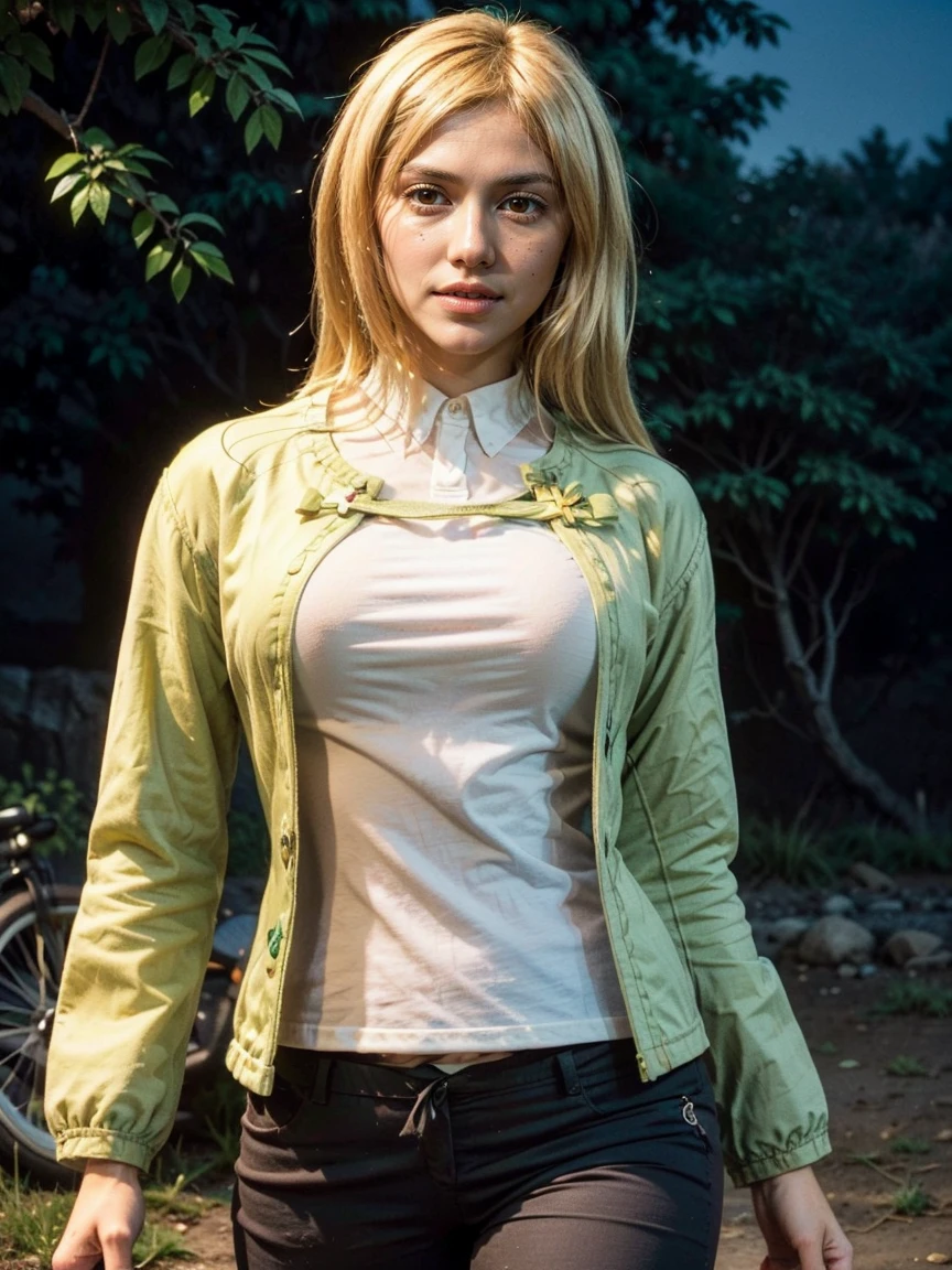 (1 lady), (Best quality at best:1.4), (ultra - detailed), (extremely detailed CG unified 16k), A Beautiful Woman with Perfect Figure: 1.4, Sharp Focus: 1.2, very detailed, High-definition RAW color photo, professional photoshooting, amazing face and eyes, cosmetics, (amazingly beautiful girl), ((Miyo)), ((ribbon, cross, pink blouse, green jacket, pants)), (look from down), realistic cinematic face, head to feet long wide zoomed out view, full body long view, photorealistic, ((realistic natural golden blonde hair style, yellowish eyes)), gorgeous, extremely beautiful face, perfect model beauty, pout mouth, mountain, ride bicycle, tree, nature, Highly Detailed Face and Skin Texture, Detailed Eyes, Double Eyelids, Medium big natural breasts, inexpressive face, western, (masterpiece), best quality, high resolution, extremely detailed, blurred background, depth of field, cinematic lighting, amazing legs, high heels, clear and well-cared skin,