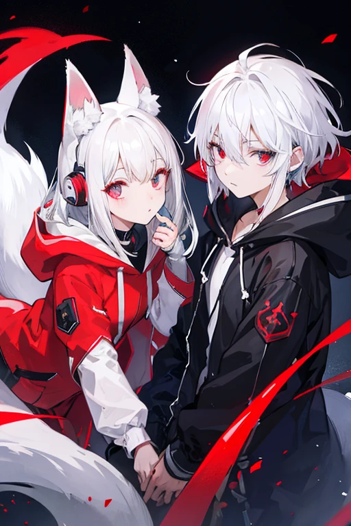 Coupel ,Mele ville de nuit, pluie, manteau, mains dans les poches, Connected Bluetooth headset, white hair, eyes red, fox, Hoodie red,
