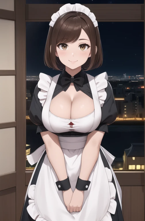 (night:1.7), Japan, Tokyo, city View, Before Window,
stand at attention,
maid, maid headdress, maid apron, maid_skirt,
Brown_Eye,Brown_hair,Weaving,
1 girl, 20 years,Become a,beautiful Finger,beautiful long legs,beautiful body,beautiful Nose,beautiful character design, perfect Eye, perfect Face,
looking at the audience, Light_Smile,
National Foundation,Official Art,Extremely detailed CG unity 8k wallpaper, Perfect lighting,rich and colorful, bright_front_Face_Lighting,
(masterpiece:1.0),(the best_quality:1.0), Ultra-high resolution,4k,Extremely detailed,
photography, 8K, HDR, High resolution, absurd:1.2, Kodak Portrait 400, Film Grain, Blurred background, Bokeh:1.2, 镜头Light晕, (energetic_color:1.2)
(beautiful,Large target_breast:1.4) ( (((大breast、breast下垂、Low-cut,Cleavage ,Wide hips,)))((Long legs)),Hourglass figure))), (beautiful_Face:1.5),(narrow_waist),