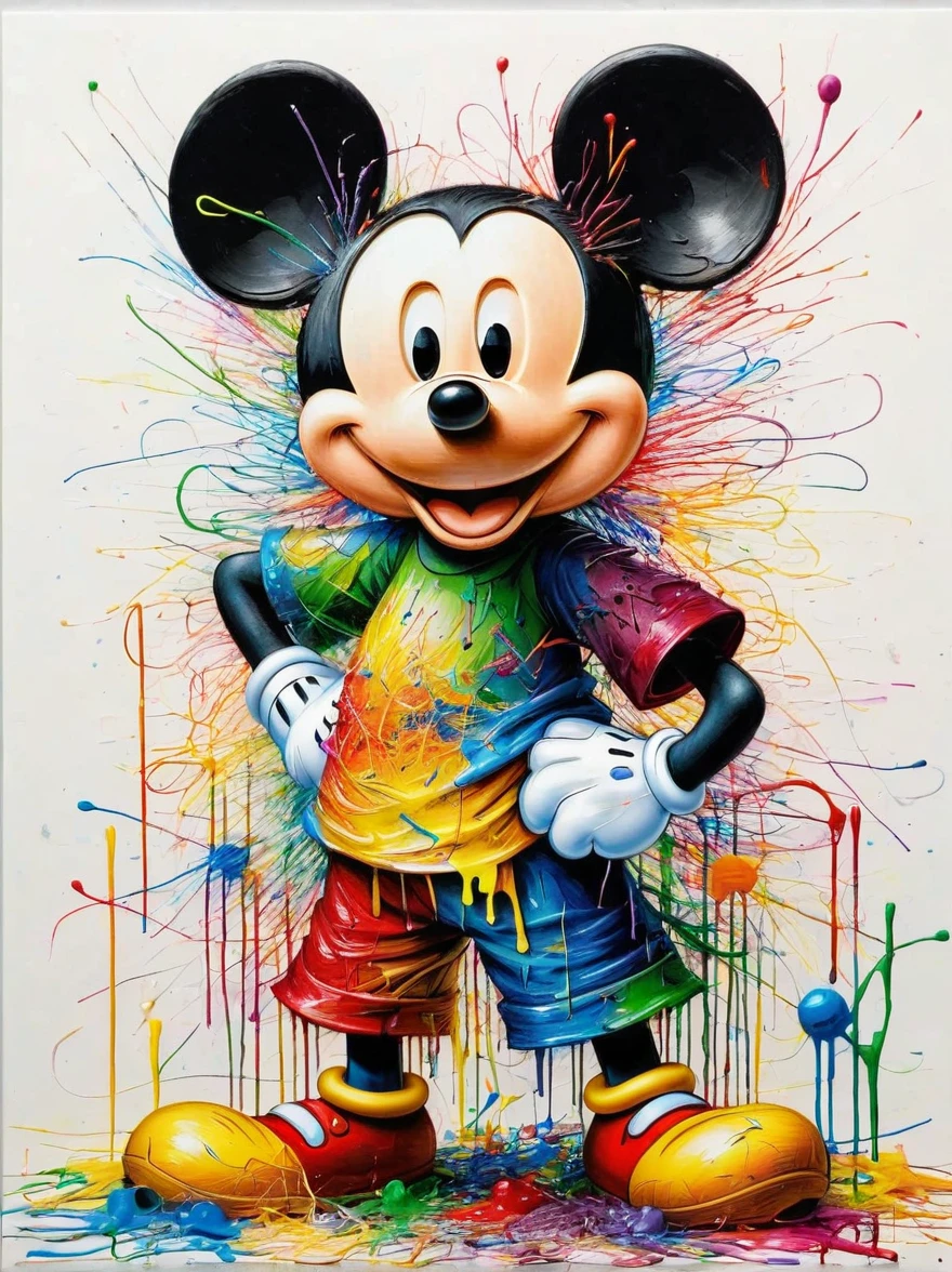 Drawing by Takashi Murakami and Peter 5 year olds scribble drawing of Mickey Mouse, messy, crayons on white construction paper, not good, full body drawiing, unfinished, 4K, octane render