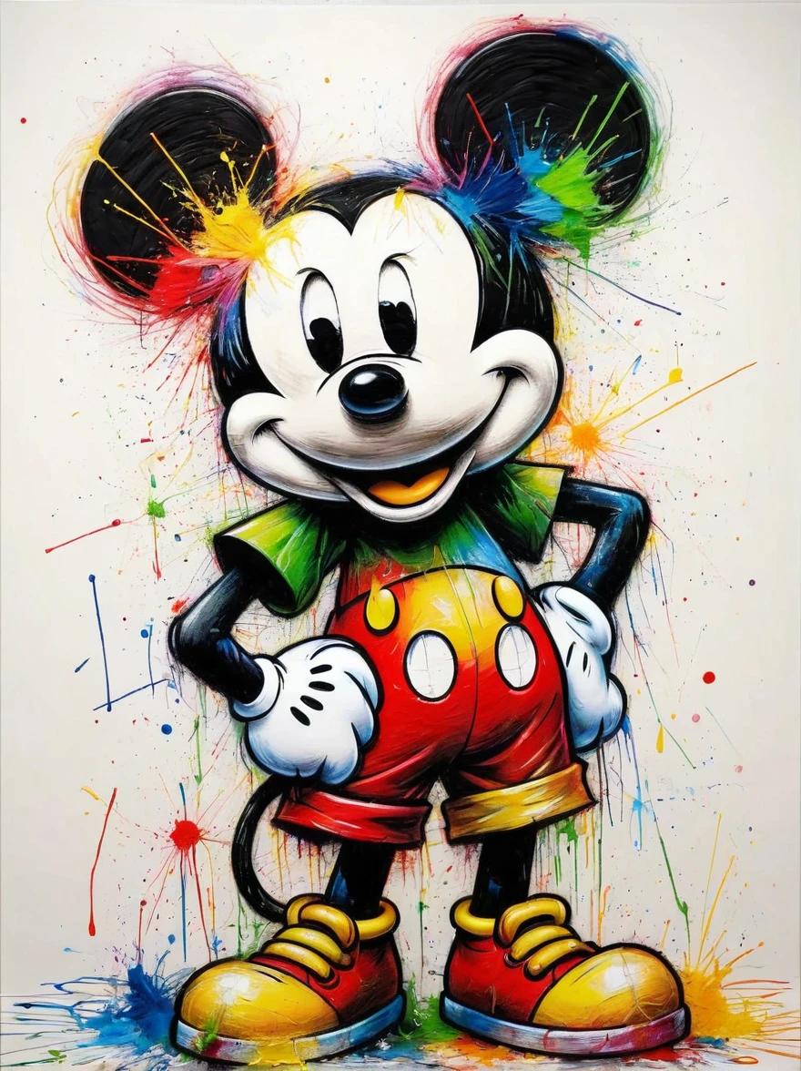 Drawing by Takashi Murakami and Peter 5 year olds scribble drawing of Mickey Mouse, messy, crayons on white construction paper, not good, full body drawiing, unfinished, 4K, octane render