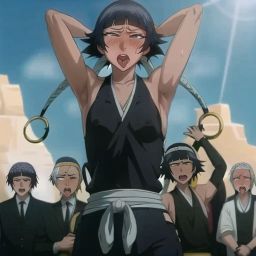 ( Animation screenshots:1.1),(Super delicate skin),(Ahegao), (flat chest:1.4), (The nipples can be seen through the clothes),(muscular:1.35),flirtatious, 1 female, solitary, Black flowing hair, eternal, Japanese clothing, No underwear,Small Breasts, No eyeballs, For the audience, Looking at the audience, tired, From below, (Exposed armpit:1.1), ((armpit:1.2)), Sexy pose, （sweat）,（More and more sweat）,(Ahegao), (Roll your eyes), Naughty face, blush, open mouth, Sticking out tongue, saliva, Slobber，Runny nose，Sloppy person,Skinny