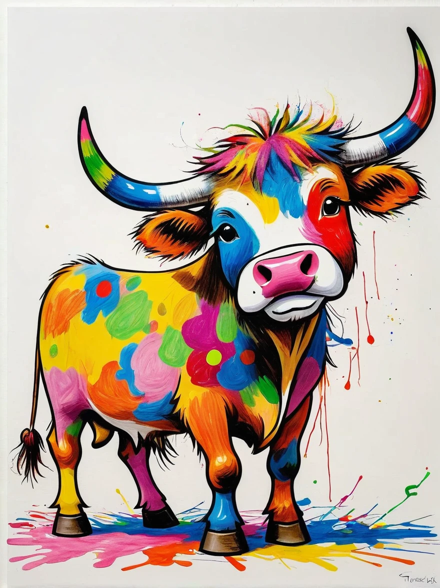 Drawing by Takashi Murakami and Peter 5 year olds scribble drawing of cattle, messy, crayons on white construction paper, not good, full body drawiing, unfinished, 4K, octane render
