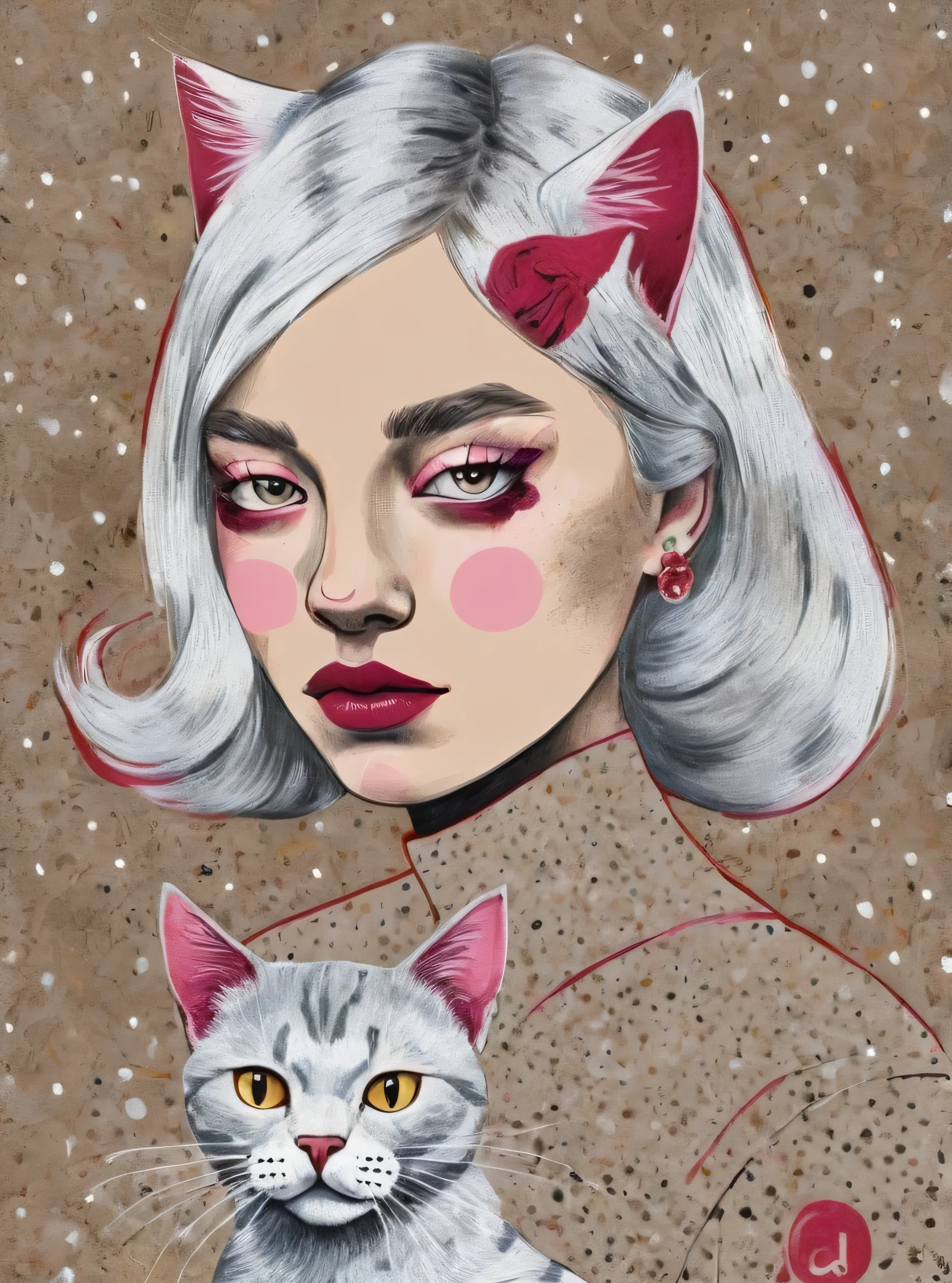 Gold and silver hair、Cat painting on taupe speckled alizarin and ruby background, Conrad Rosette, Digital Portrait, Highly detailed painting, Pop Art, Pop Surrealism , pop surrealism、yawn、
pop art
drawing
painting