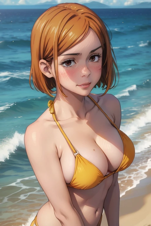(masterpiece), (highest quality), (Super detailed), (Best illustrations), (Best Shadow), (Absurd), nobarakugisakinova, short hair, Orange Hair, ((Brown eyes)), kugisaki nobara, One girl, alone, bangs, Mouth closed, View Viewer, Upper Body, (Ocean Background), ((Cleavage)), ((Yellow Bikini)), ((Blushing)), sexy, (Place your hand on your chest), Big Breasts, smile,