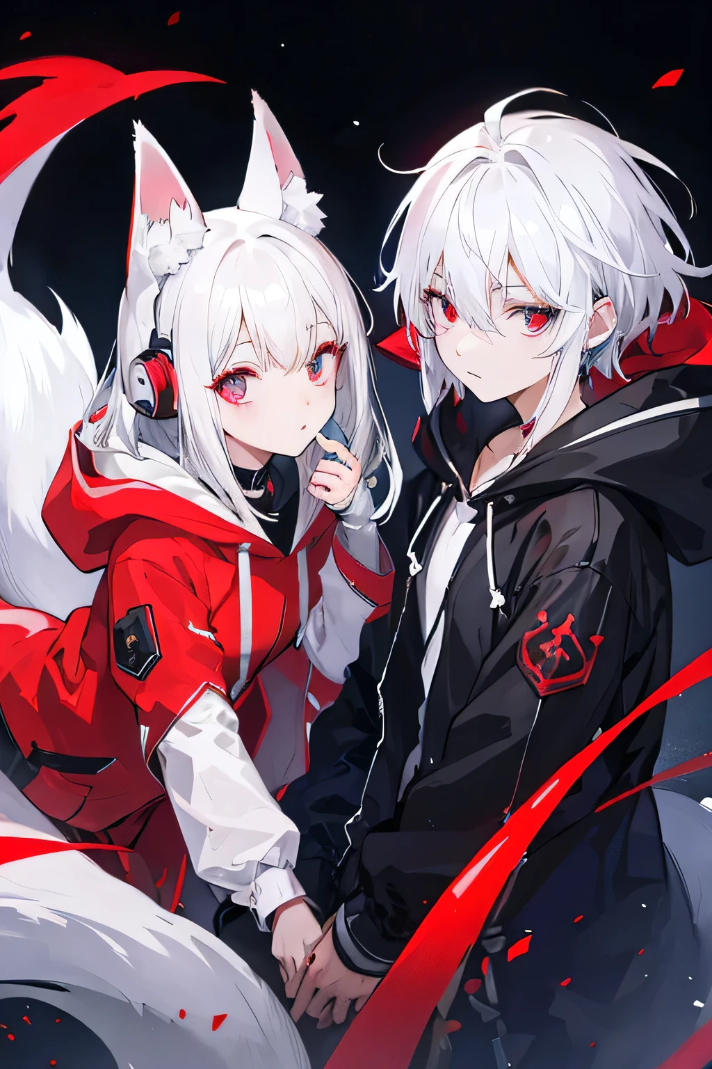 Coupel ,Mele ville de nuit, pluie, manteau, mains dans les poches, Connected Bluetooth headset, white hair, eyes red, fox, Hoodie red,