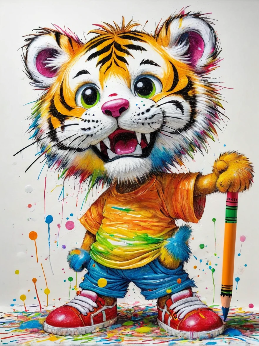 Drawing by Takashi Murakami and Peter 5 year olds scribble drawing of Siberian tiger, messy, crayons on white construction paper, not good, full body drawiing, unfinished, 4K, octane render