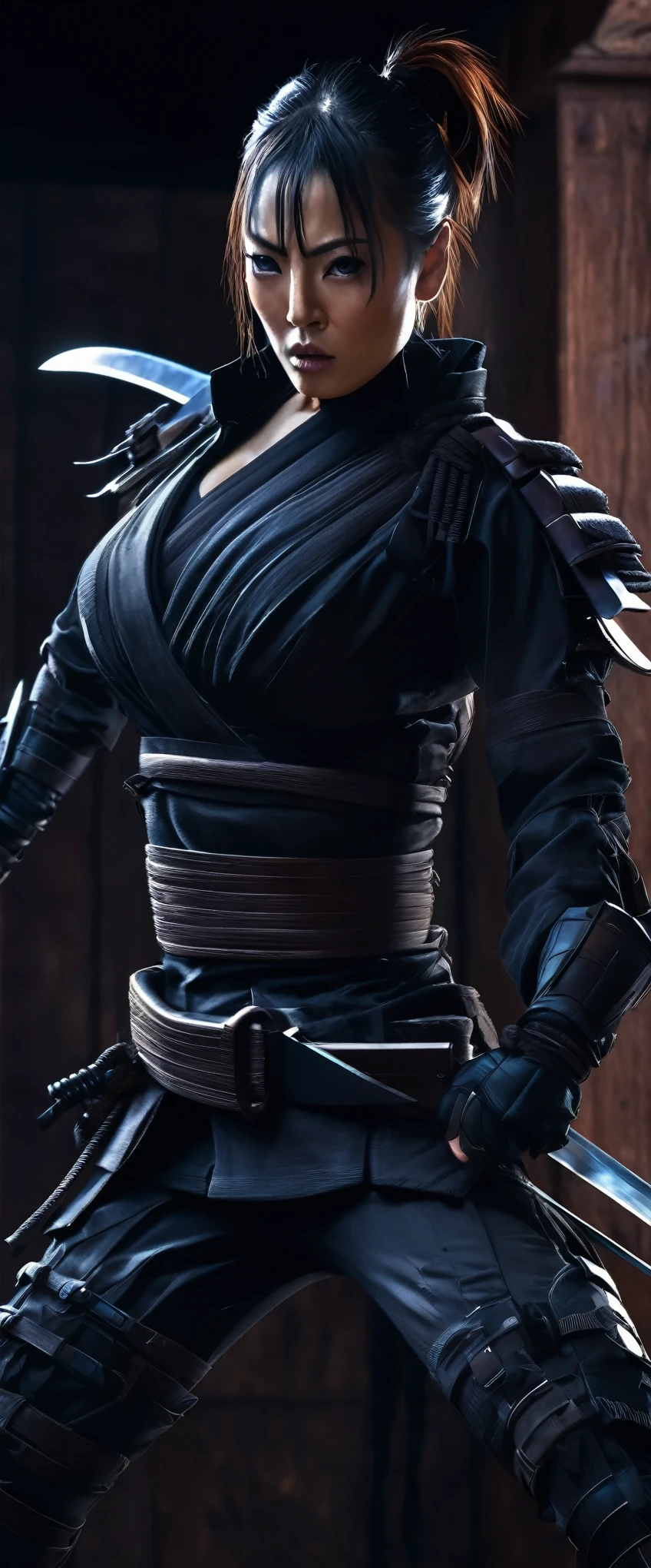 A lovely lady ninja in a tight darkly colored combat suit, highly detailed face, piercing eyes, cute nose and lips, long eyelashes, elegant ponytail, variety of bladed weapons, katana, kunai, shuriken, lurking in the shadows, stealthy movements, seeking target, photorealistic, 8k, hyper detailed, cinematic lighting, moody atmosphere, dark color palette, dramatic shadows, dynamic pose