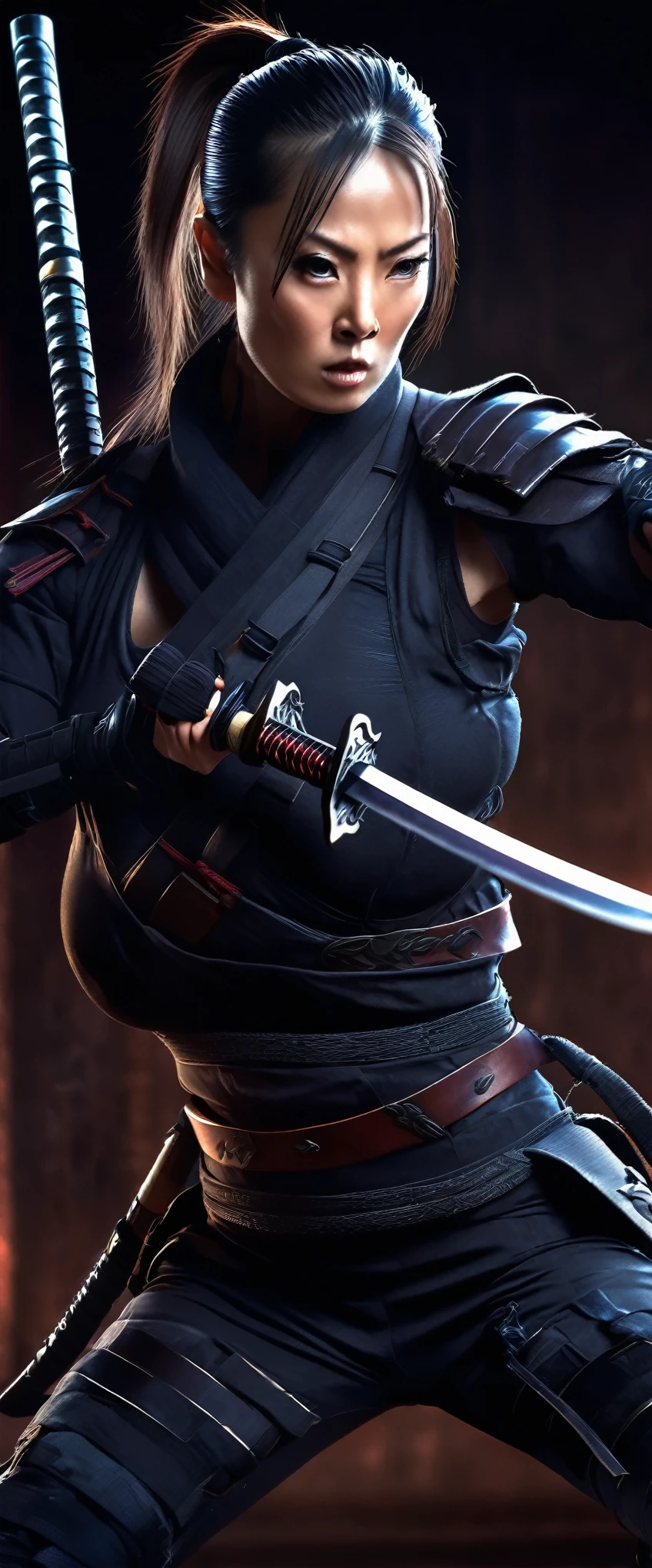 A lovely lady ninja in a tight darkly colored combat suit, highly detailed face, piercing eyes, cute nose and lips, long eyelashes, elegant ponytail, variety of bladed weapons, katana, kunai, shuriken, lurking in the shadows, stealthy movements, seeking target, photorealistic, 8k, hyper detailed, cinematic lighting, moody atmosphere, dark color palette, dramatic shadows, dynamic pose