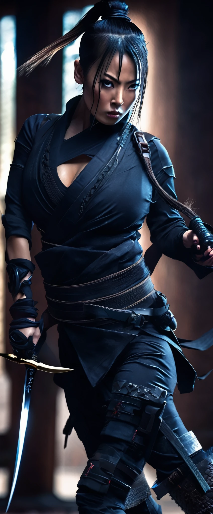 A lovely lady ninja in a tight darkly colored combat suit, highly detailed face, piercing eyes, cute nose and lips, long eyelashes, elegant ponytail, variety of bladed weapons, katana, kunai, shuriken, lurking in the shadows, stealthy movements, seeking target, photorealistic, 8k, hyper detailed, cinematic lighting, moody atmosphere, dark color palette, dramatic shadows, dynamic pose
