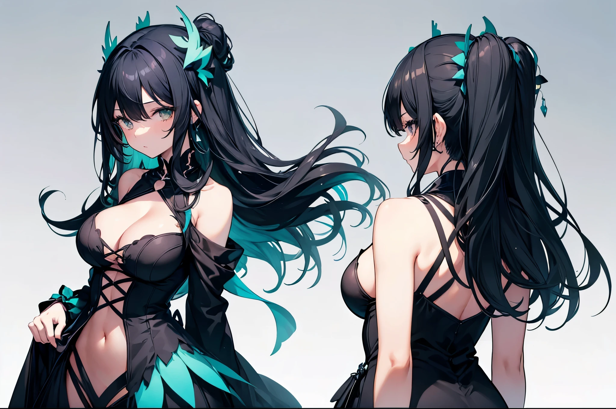 Girl with long black hair,Full breasts and buttocks,Perfect body,Blank background illustration,Front and back view,Green low-cut dress,Cleavage