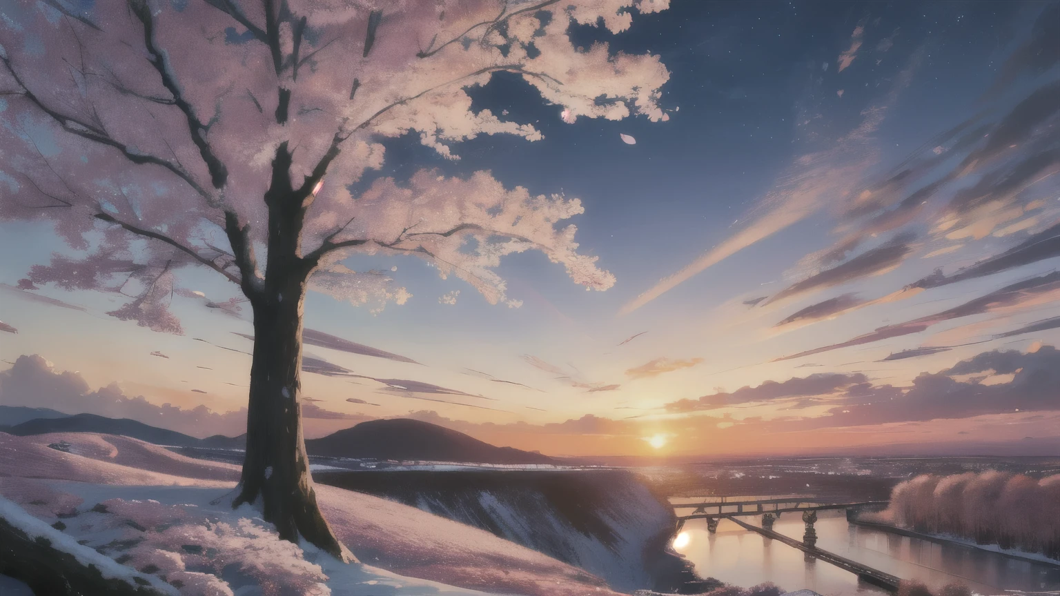 (masterpiece, highest quality:1.2), Super detailed, Cinema Lighting, High resolution, An illustration, landscape, sunrise, Cherry Blossom, impressive, Chill, Inspiration,