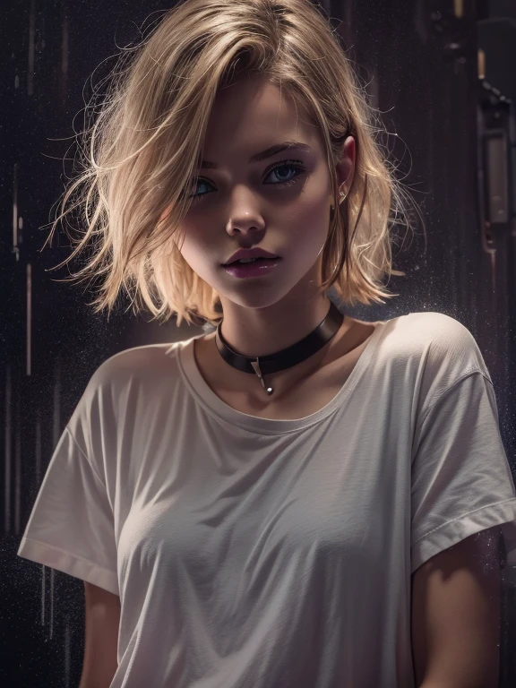 1 young girl, blonde hair, white wet tshirt, flat chested, 18yo (best quality:1) , (masterpiece:1), (ultra detailed:1), photorealism, upper body, (looking at viewer:1.1), (indoors, night, darkness, dark room:1.2)
side on, short hair, choker, atmospheric lighting, moody and gritty, low key lighting
