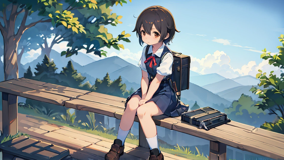 Anime girl sitting on a wooden bench with a suitcase, Makoto Shinkai's art style, Shinkai Makoto style, Painted in an anime artist's studio, by shinkai makoto. Digital Rendering, Lo-fi Girl, ( ( by shinkai makoto ) ), in the Makoto Shinkai's Style, Anime Style 4k, Makoto Shinkai's Style, Created by Anime Painter Studio、sunset、At dusk