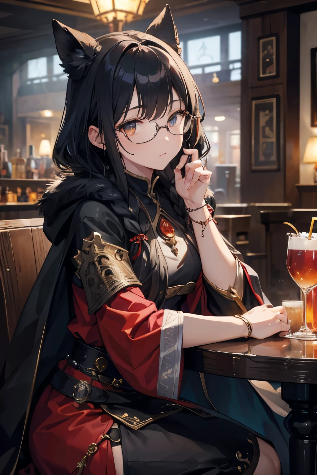 Fantasy style illustrations、The background depicts a bar-like setting with warm lighting.。In the foreground、A female character wearing a hooded cloak is sitting。She has long black hair、Part of the face is hidden by the hood、I see red cheeks。She puts her hand to her chin、She has a slightly sad look on her face.。 Her outfit is heavy、Fur decoration and metal accessories are distinctive.。On her chest is a pendant with an intricate design.、Metal arm guards are attached to the hands。There are glasses of drinks on the table.、You can feel the atmosphere of a bar.。Other people in the background々I can see it too、They are vaguely depicted、The focus is on the female character in the foreground。 as a whole、This image has a medieval fantasy worldview.、It creates an atmosphere that makes you feel like an adventure or the beginning of a story.。