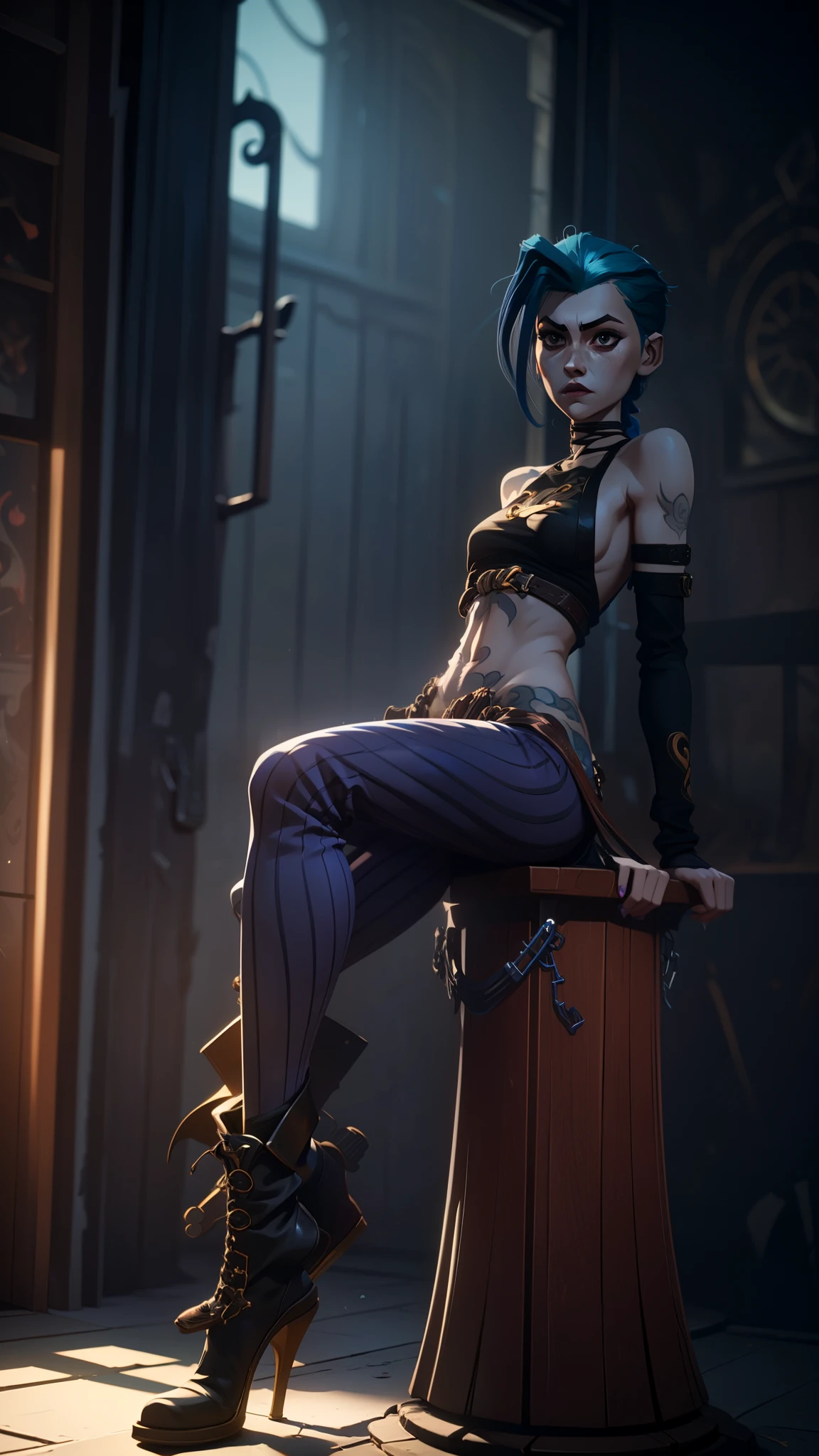 Jinx, arcane jinx, sitting on a rock bar seat, 8k unreal engine design, vibrant colors, next to a window, jinx arcane outfit, jinx arcane clothes, CG UNITY 8K