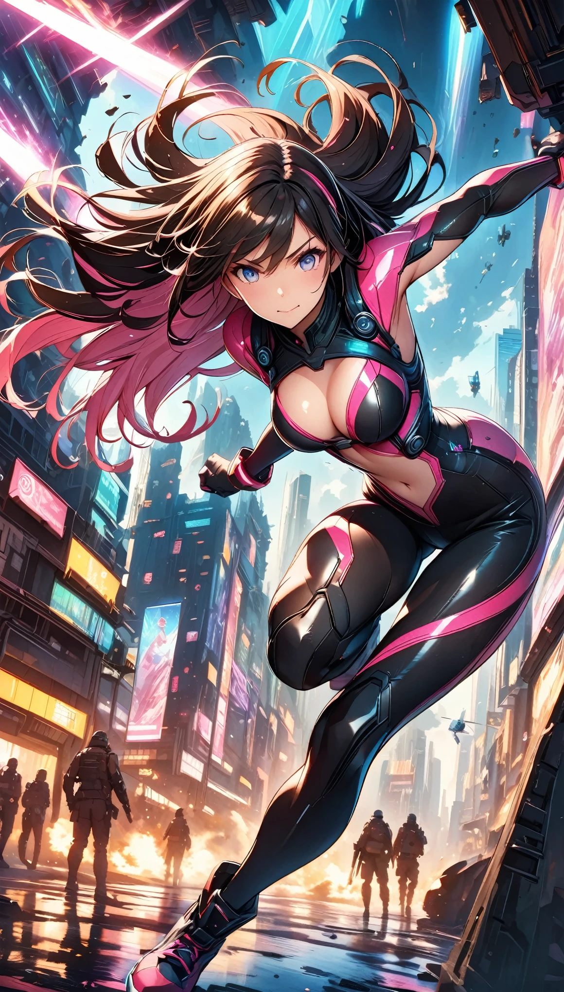 (masterpiece:1.3),(highest quality:1.4),(ultra detailed:1.5),High resolution,extremely detailed,unity 8k wallpaper,"A beautiful woman wearing a sleek, body-hugging combat suit in a cyberpunk setting. The suit is crafted from high-durability, lightweight materials, featuring an ergonomic design with vibrant neon lines and patterns in white and pink, tracing the contours of her athletic physique. The suit includes reinforced joints and embedded sensors, seamlessly integrated into the fabric. She has no helmet, revealing her striking features and intense expression, with long, flowing hair styled in a modern cut. 

In an intense combat pose, she is mid-leap, one leg extended forward and the other bent beneath her, with one arm outstretched, firing a high-tech weapon that emits a bright, colorful energy beam. Her other arm is positioned defensively, a small, glowing shield projecting from a device on her wrist. 

The scene is set in a chaotic urban battlefield, illuminated by a cacophony of neon lights and holographic advertisements. The background features towering skyscrapers and flying vehicles, with vibrant, colorful lights reflecting off the wet surfaces. In the midst of combat, explosions and energy blasts create dynamic lighting effects, casting dramatic shadows and highlighting the action-packed atmosphere."
