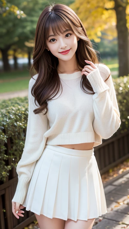 highest quality、8k wallpaper、Reality:1.4、Photographed in natural light、View your viewers、background:Autumnal Forest、1 beautiful girl、Japanese Idol、29-year-old、Beautifully detailed eyes、Detailed face、Beautiful Skin、Slender、Slim waist、Thin legs、Red lipstick、Fancy hairstyle:1.8、Random hair color、Light Hair、Asymmetrical bangs、White pleated mini skirt、tops:Knitted sweater 、smile:1.5、Seductive pose