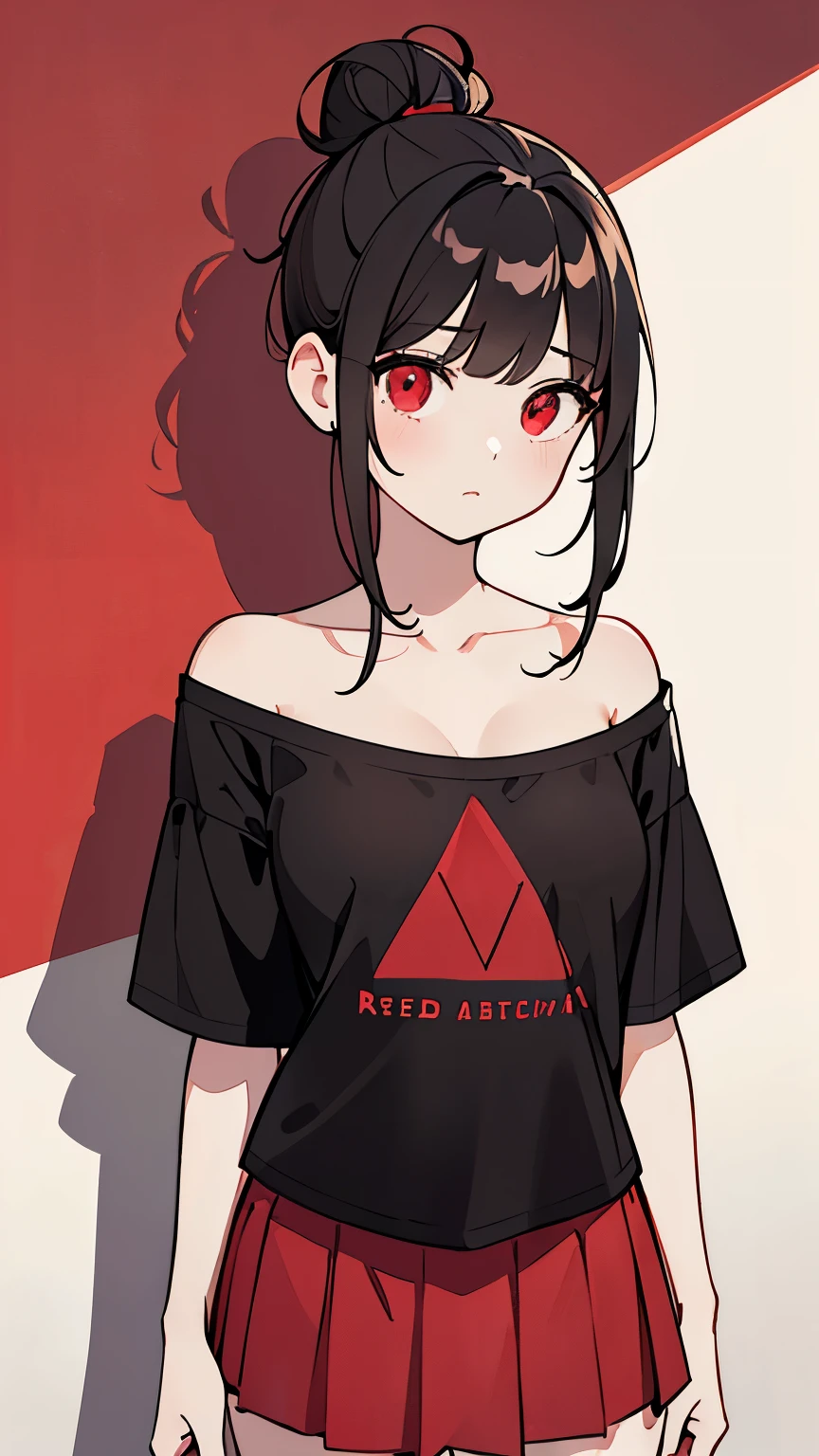 (Girl1,triangle face,red eyes),(black hair,messy bun hairstyle),(red t-shirt off-the-shoulder neckline,mini skirt),standing,white wallpaper,Highly detailed ,8K wallpapers،Highest quality, high resolution, beautiful lighting, detailed shadow,high resolution،highly detailed,detailed faces and eyes,realistic eyes