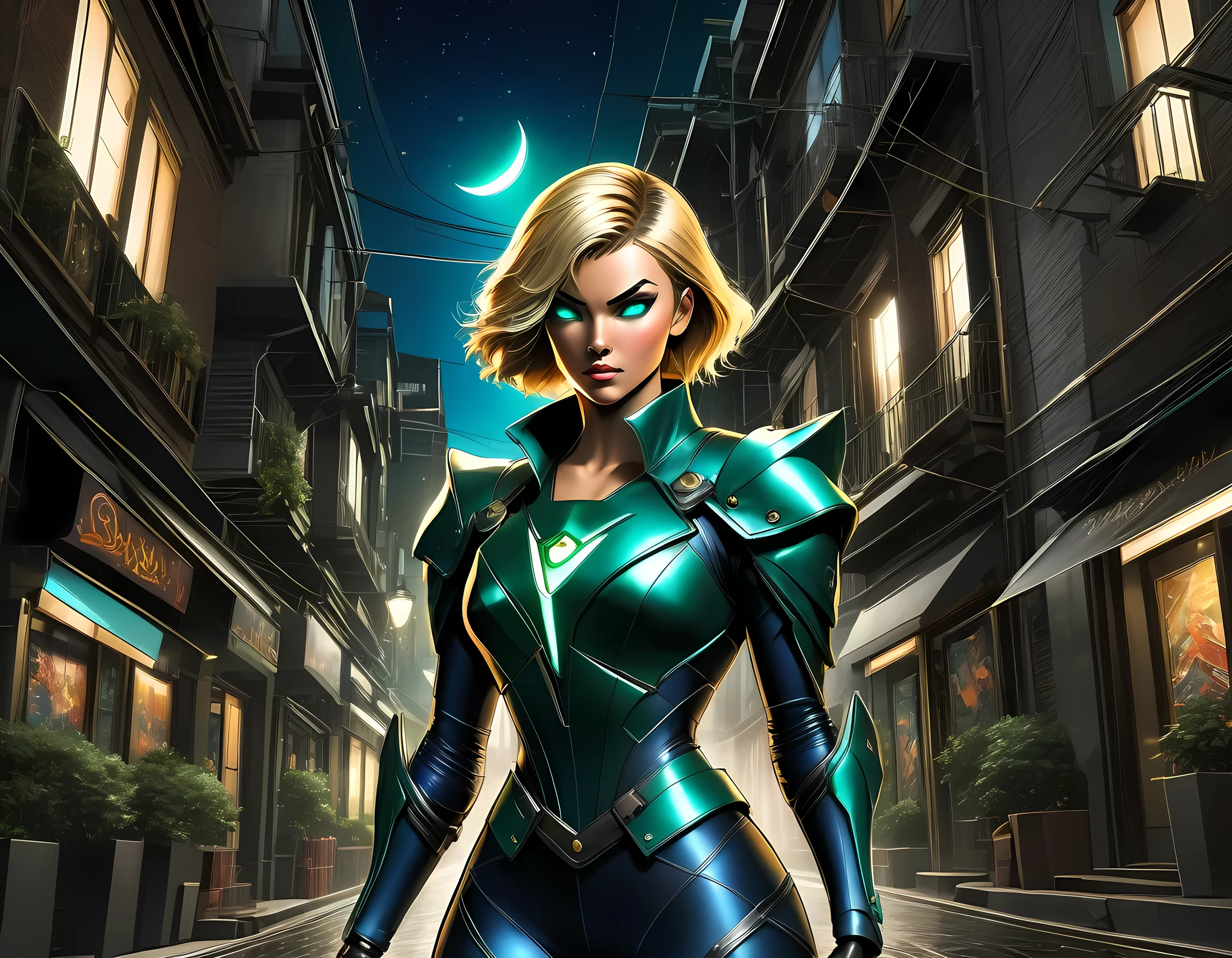 high details, best quality, 16k, [ultra detailed], masterpiece, best quality, (extremely detailed), full body, ultra wide shot, photorealistic, a picture of a woman assassin ready to combat in a dark alley, she holds a sword in hand, exquisite beautiful woman, she has pixie cut blond hair, emerald green eyes, she wears a (blue: 1.3) (tight leather suit: 1.4), the suit has mecha gadgets, dynamic color suit, she kneels in fantasy dark street of fantasy setting city, its night time, the moon is high in the sky, many stars in the night, high details, best quality, highres, ultra wide angle, DonMN1gh7XL, cybrk