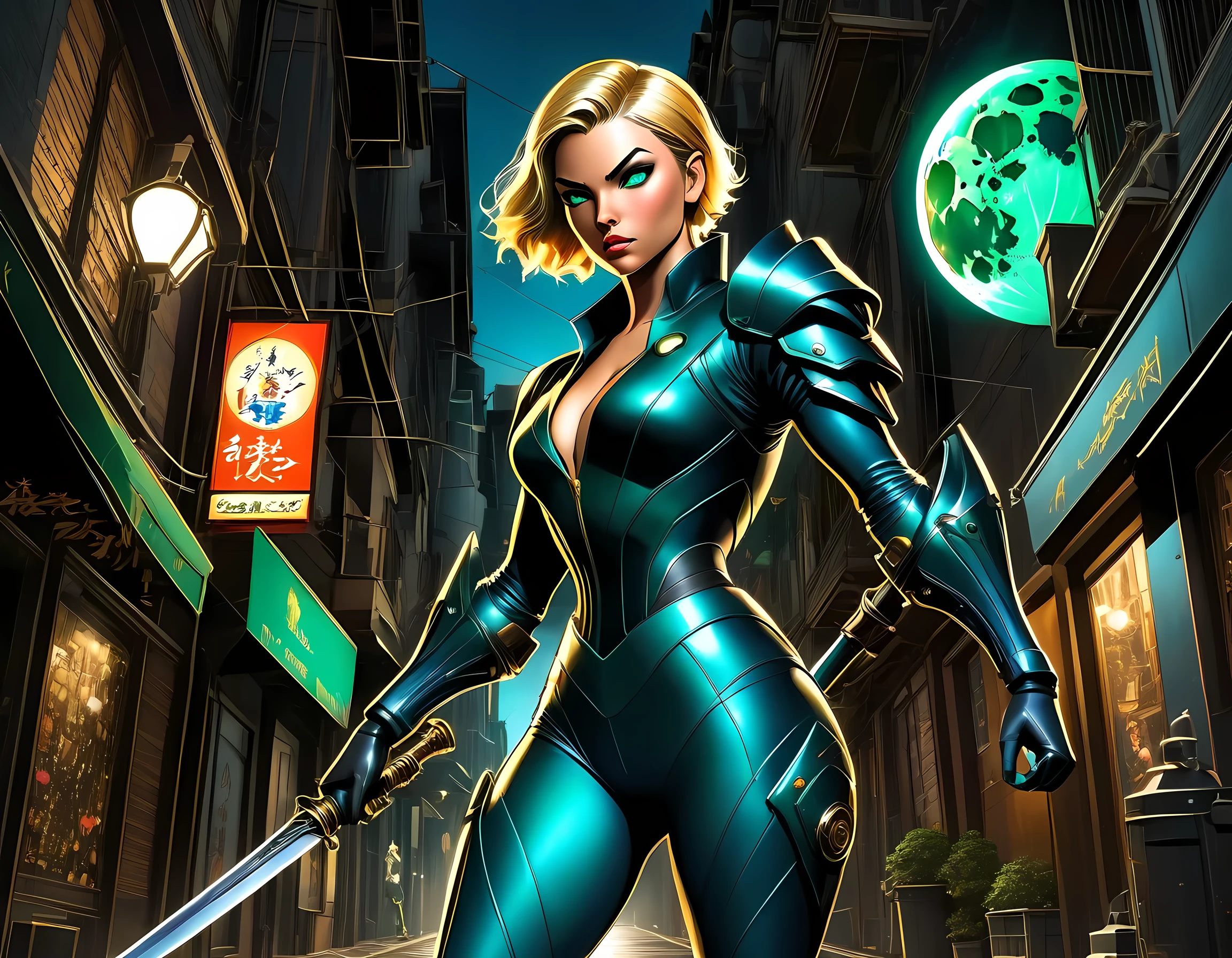 high details, best quality, 16k, [ultra detailed], masterpiece, best quality, (extremely detailed), full body, ultra wide shot, photorealistic, a picture of a woman assassin ready to combat in a dark alley, she holds a sword in hand, exquisite beautiful woman, she has pixie cut blond hair, emerald green eyes, she wears a (blue: 1.3) (tight leather suit: 1.4), the suit has mecha gadgets, dynamic color suit, she kneels in fantasy dark street of fantasy setting city, its night time, the moon is high in the sky, many stars in the night, high details, best quality, highres, ultra wide angle, DonMN1gh7XL, cybrk