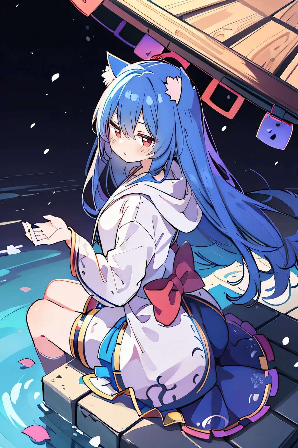 (masterpiece:1.2),Super detailed,lifelike,Expressive eyes,fair skin,perfect face shape,1 girl,
Japanese comics,Gorgeous blue hair,flowing blue hair,flowing clothes,Cat ears,Petals fall,beautiful lola,Baby Angel,
Shaking head with one hand,Cross your legs,Gentle and peaceful background,The pavilion is cool and comfortable,smile, wearing hoodie, background of tokyo,back views,snowing, winter,lie on the water.