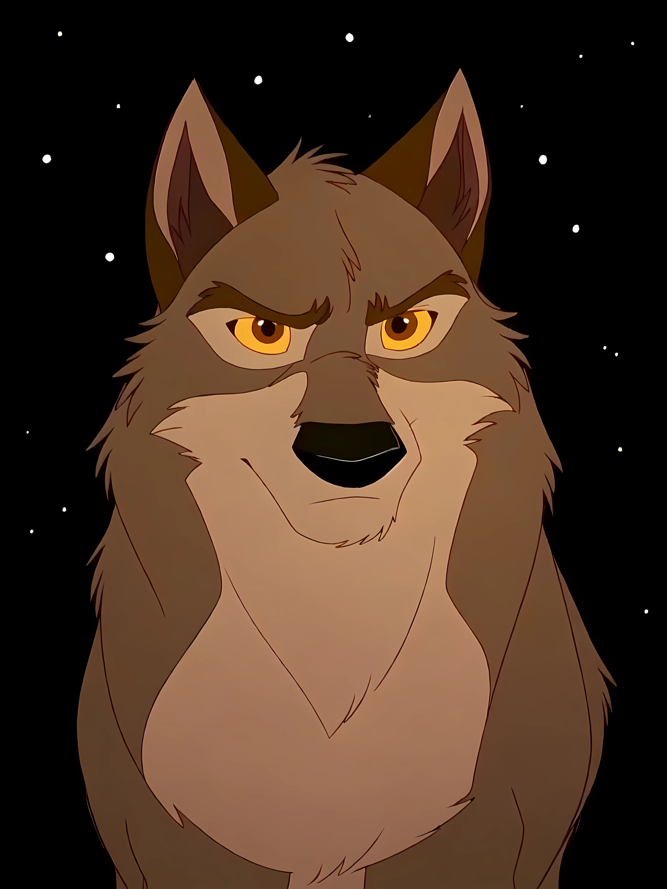 balto, full body, feral, detailed, detailed face, detailed eyes, quadruped, very muscular:1.0, pectorals:1.0, strong chest, biceps, wfa anatomy, black lineart, black outline, male, masculine, adult, wolf, wolf body, wolf tail, brown iris, yellow sclera, cartoon shading, cel shaded:1.0, strong body, confident, proud, front view, (night background, dark background):1.1, dramatic lighting, standing in shadows, bright highlights,