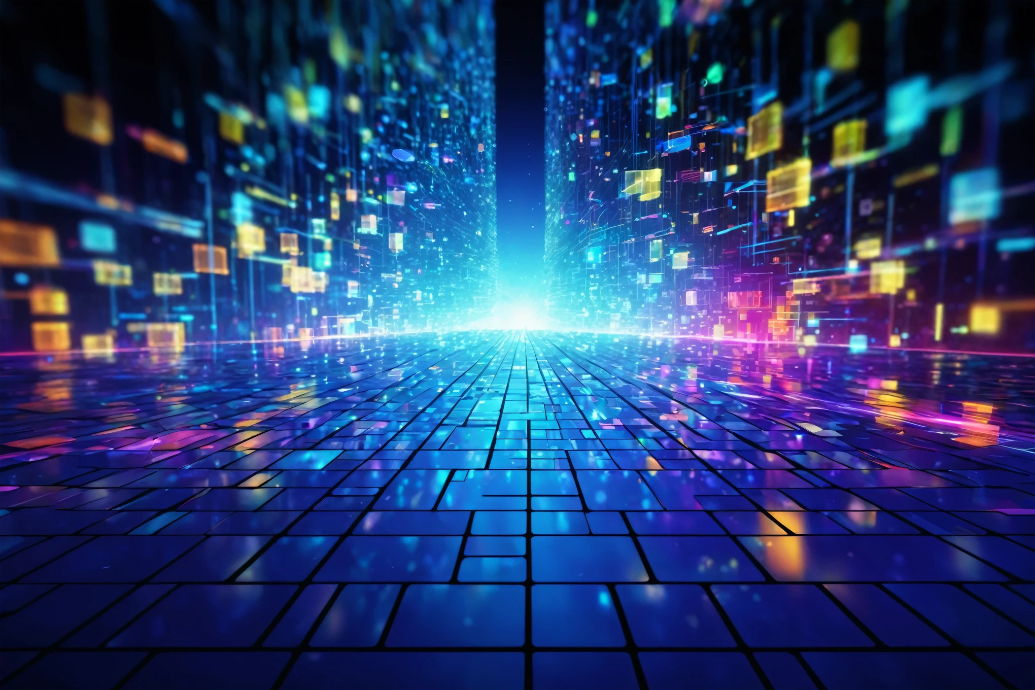 a large group of colorful lights shine brightly on a dark background, abstract art representing data, cyber space, surreal cyberspace, neon virtual networks, background of digital greebles, cyber architecture, the encrypted metaverse, explosion of data fragments, data holograms, large cyberarrays data holograms, cybernetic city background, cyber space forest scene